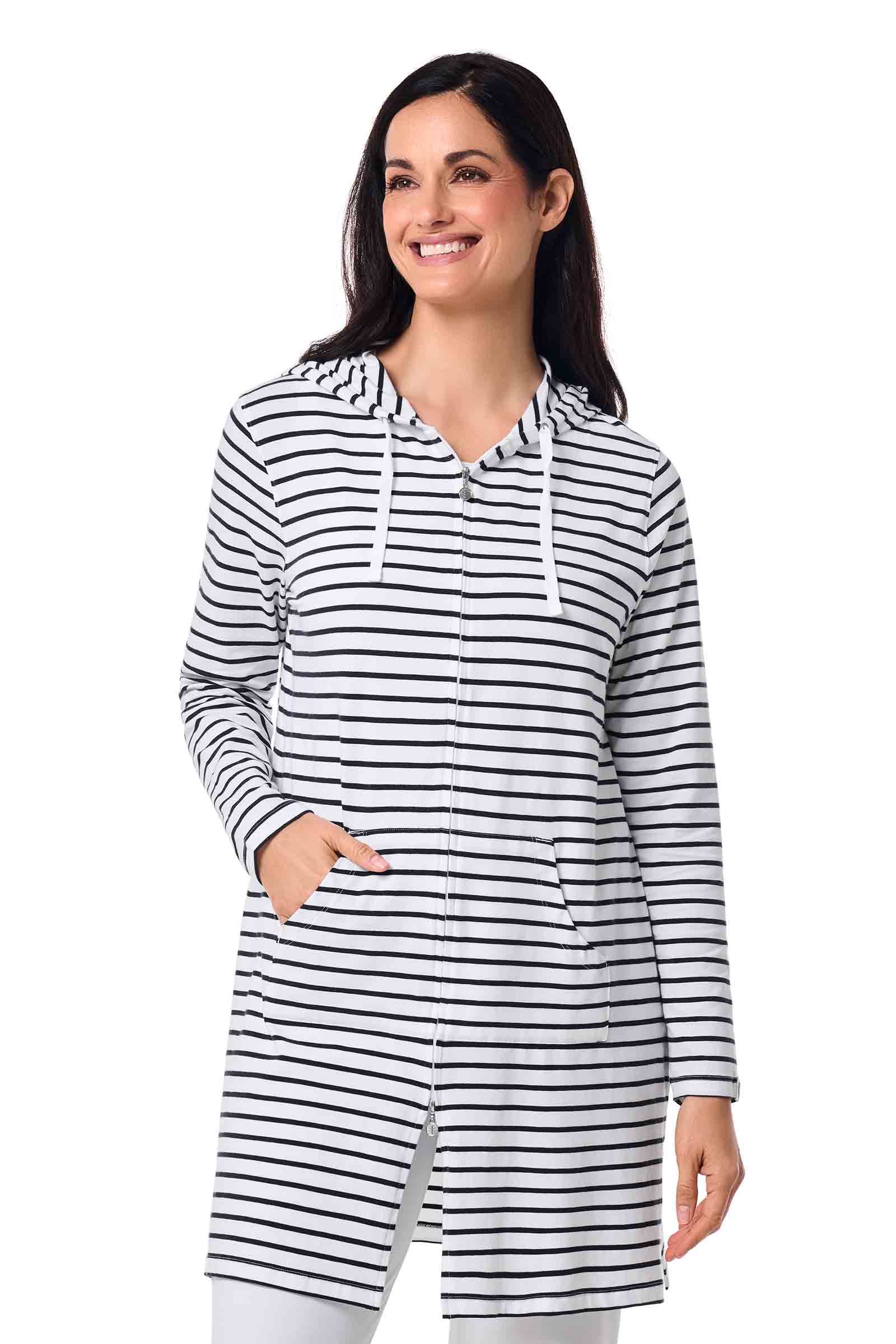 Women's Cabana Long Zip-Up Hoodie | White/Navy Stripe - Image 2