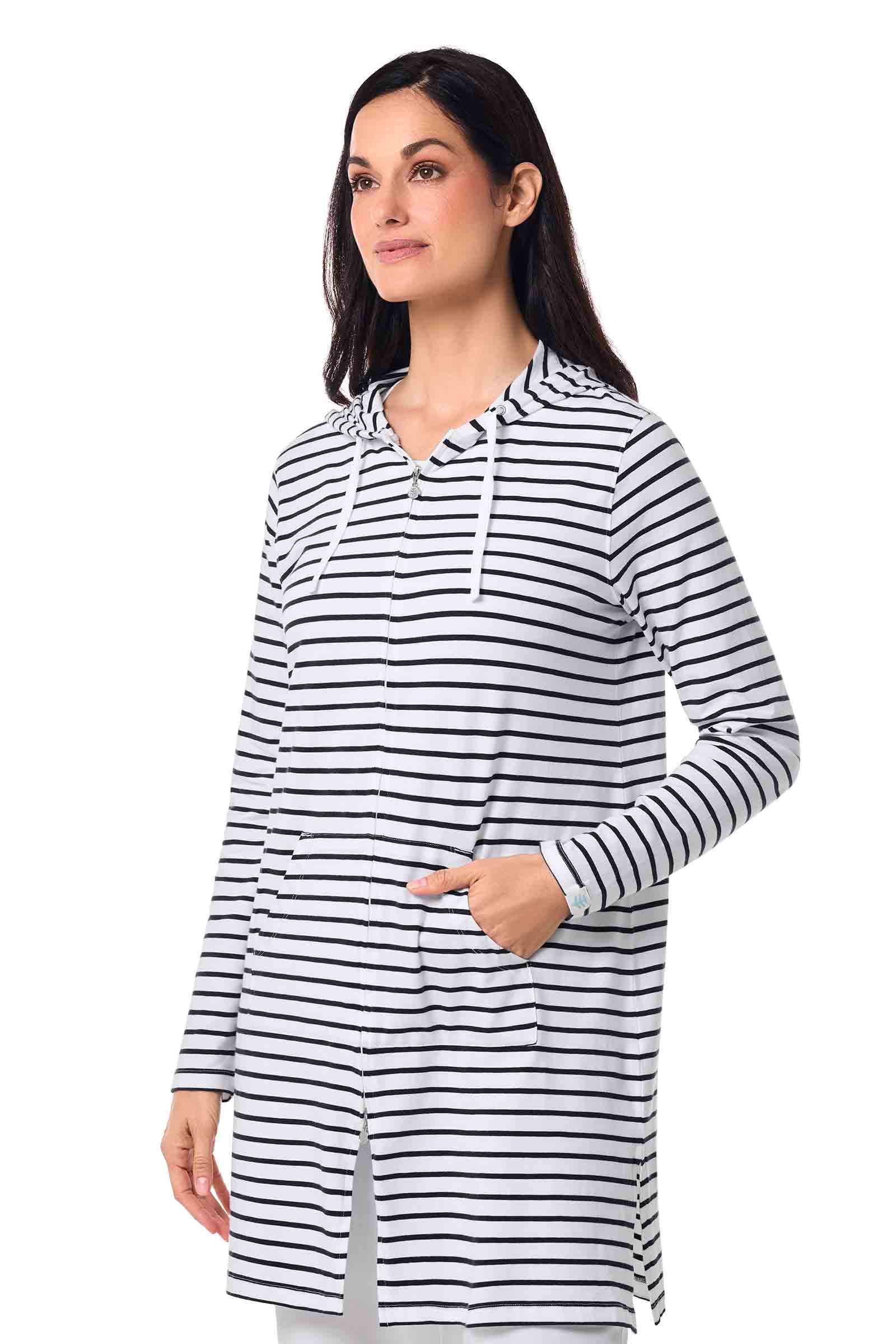 Women's Cabana Long Zip-Up Hoodie | White/Navy Stripe - Image 3