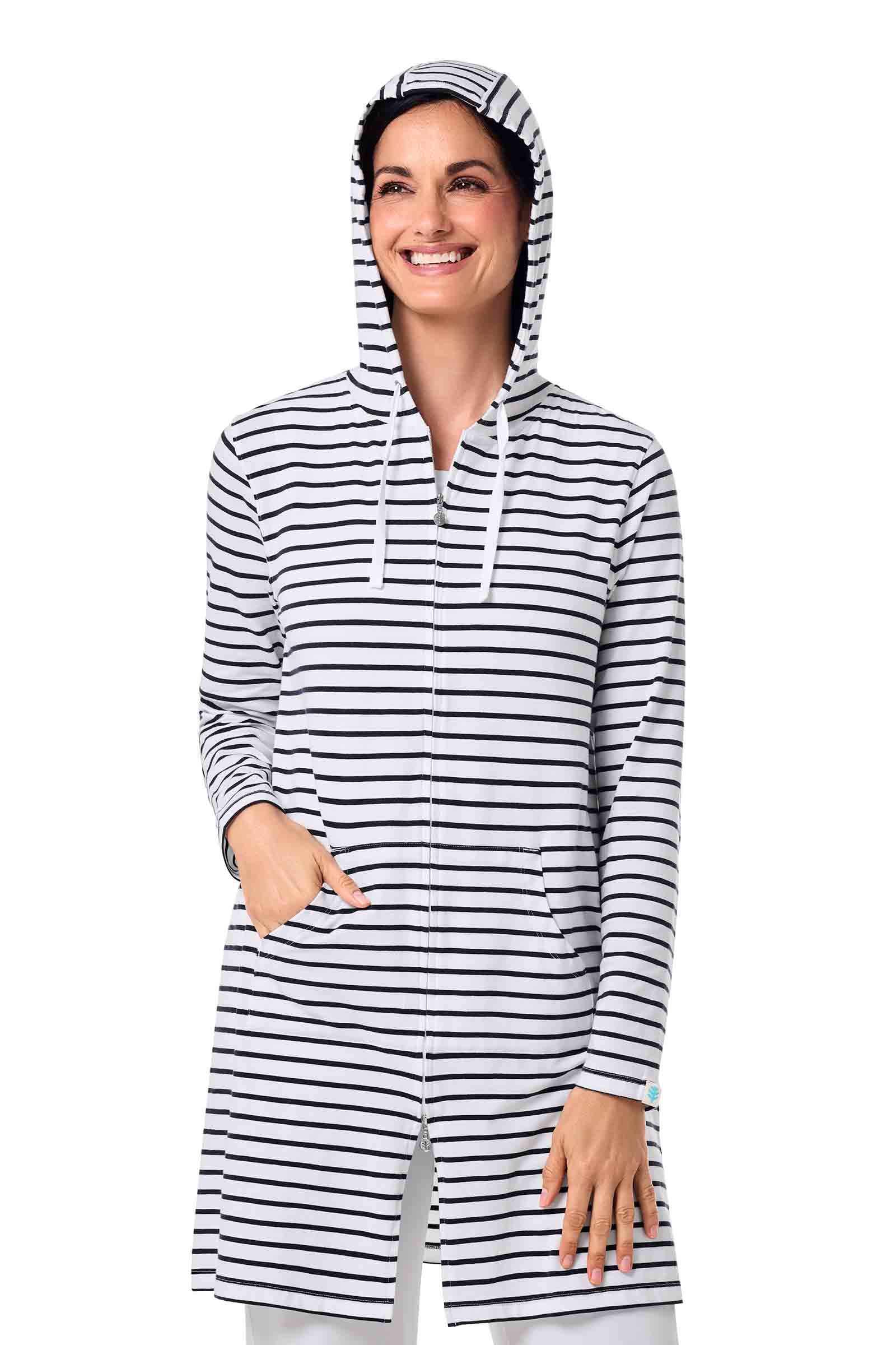 Women's Cabana Long Zip-Up Hoodie | White/Navy Stripe - Image 7
