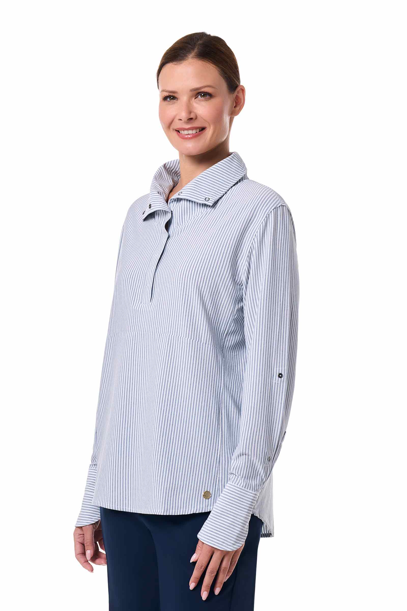 Women's Catona Funnel Neck Long Sleeve Top | White/Navy Stripe - Image 3