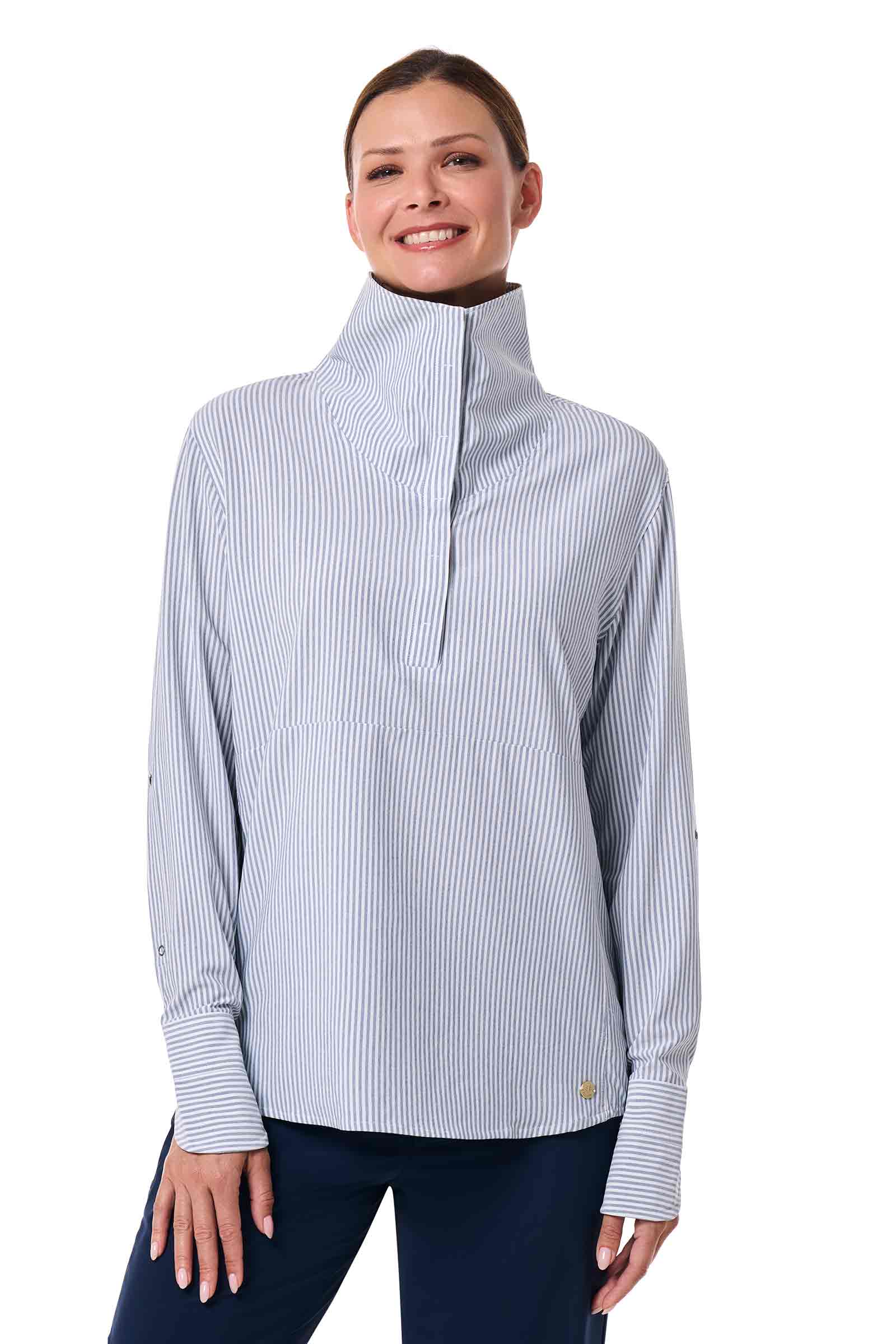 Women's Catona Funnel Neck Long Sleeve Top | White/Navy Stripe - Image 6