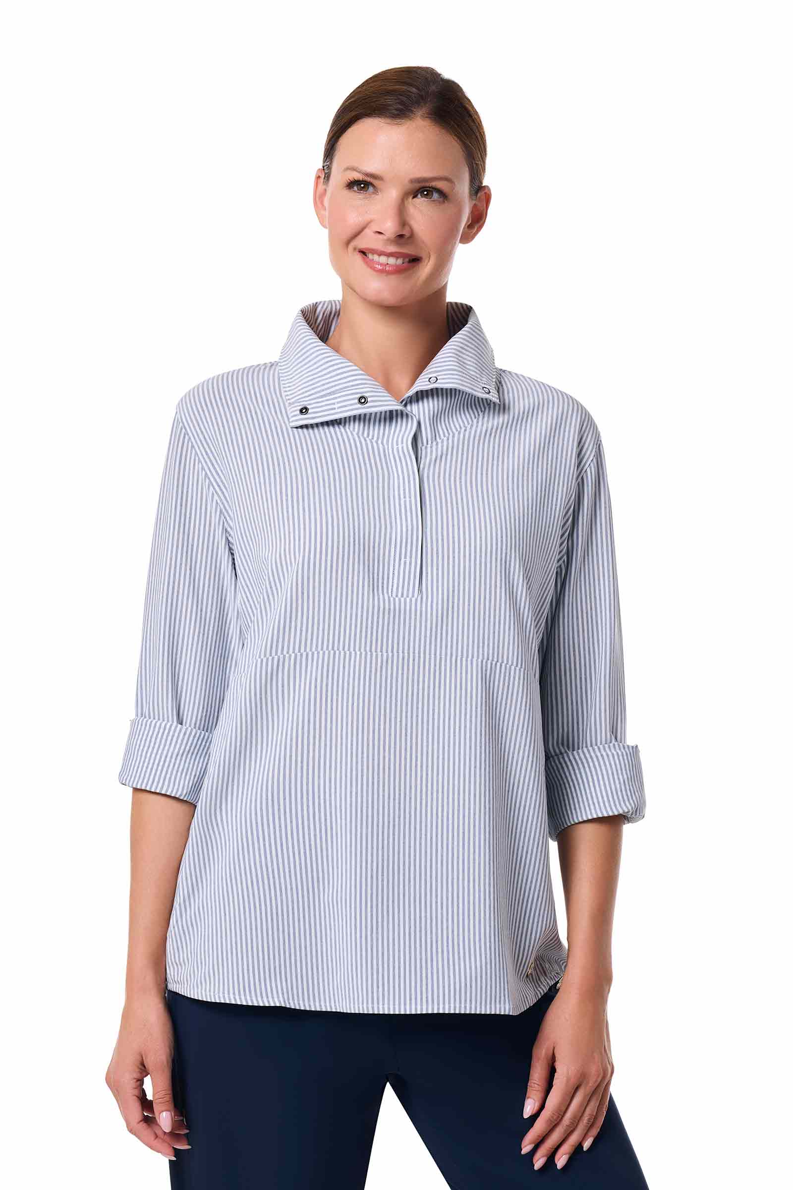 Women's Catona Funnel Neck Long Sleeve Top | White/Navy Stripe - Image 9