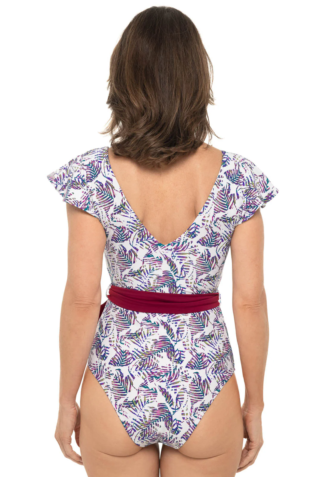 Women's Coconut Grove Flutter Sleeve Swimsuit | Magnolia Pink Beach Leaves - Image 2