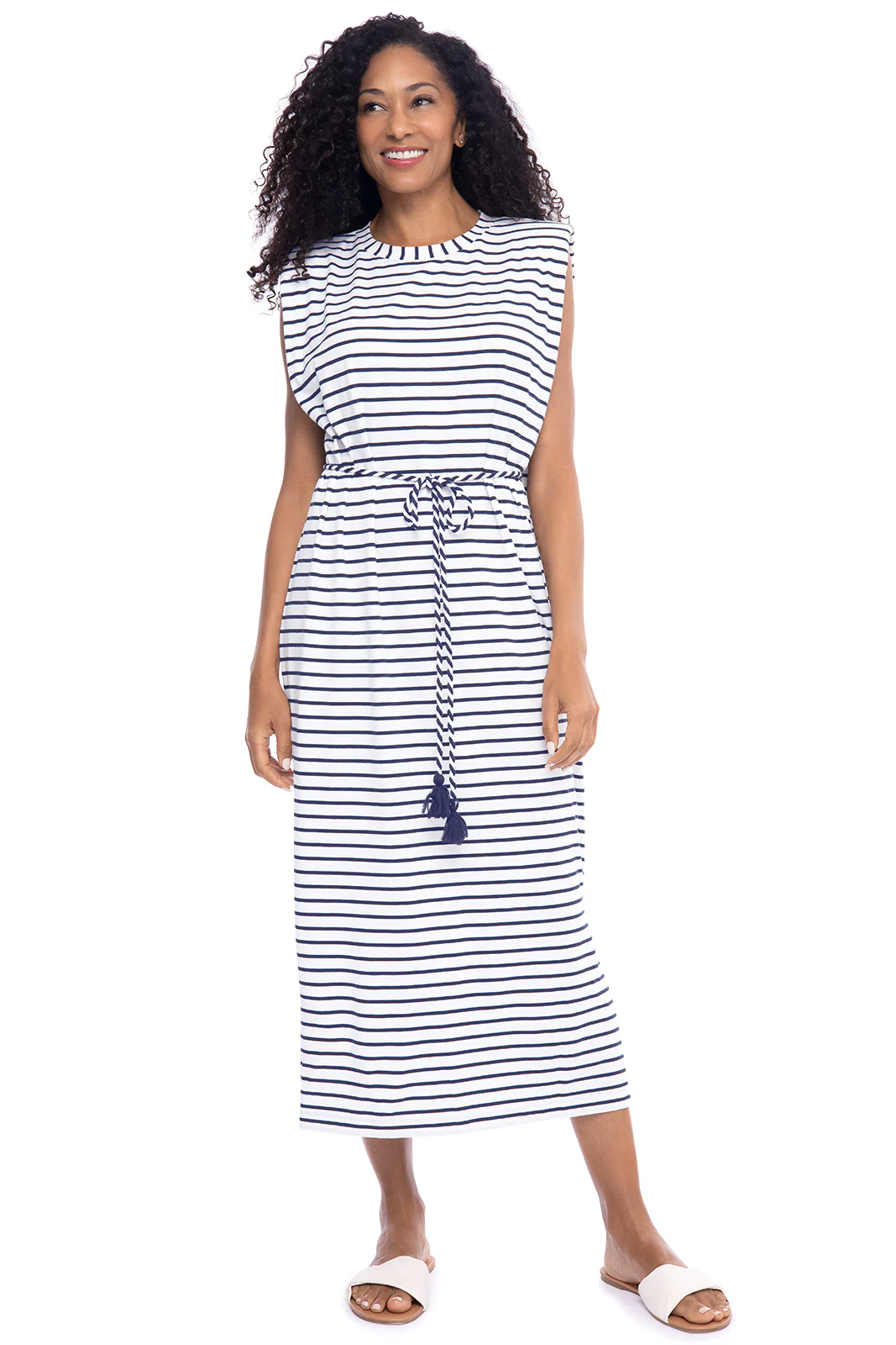 Women's Coral Way Sleeveless Midi Dress | White/Navy Stripe - Image 7