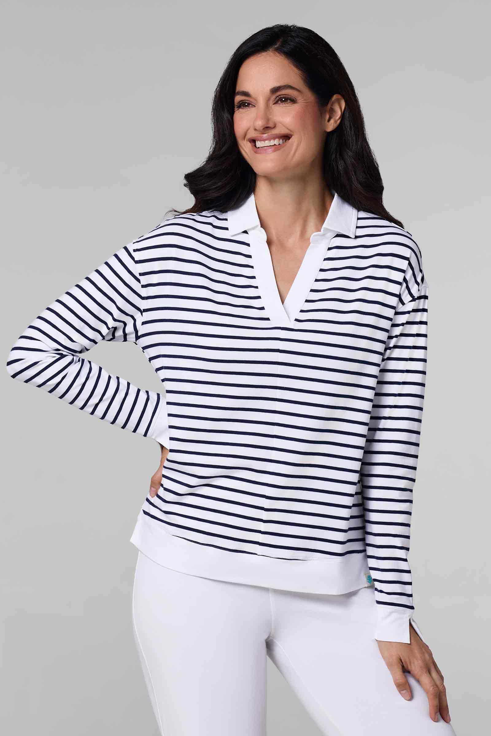 Women's Fontainebleau 2.0 Long Sleeve Collared Polo | White/Navy Stripe