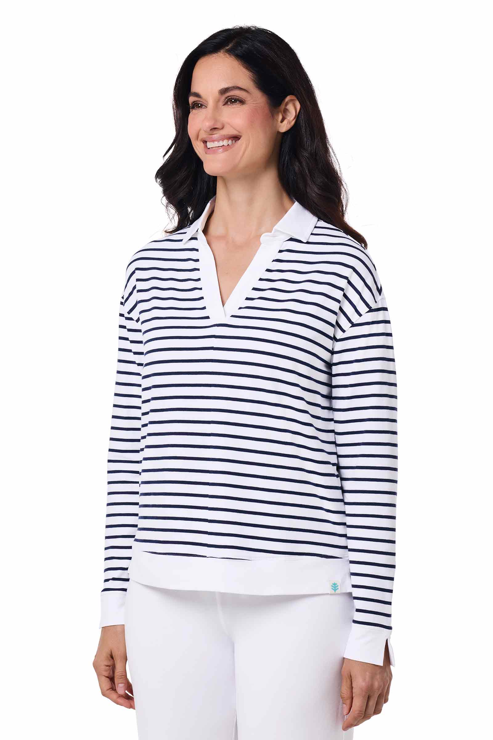 Women's Fontainebleau 2.0 Long Sleeve Collared Polo | White/Navy Stripe - Image 3