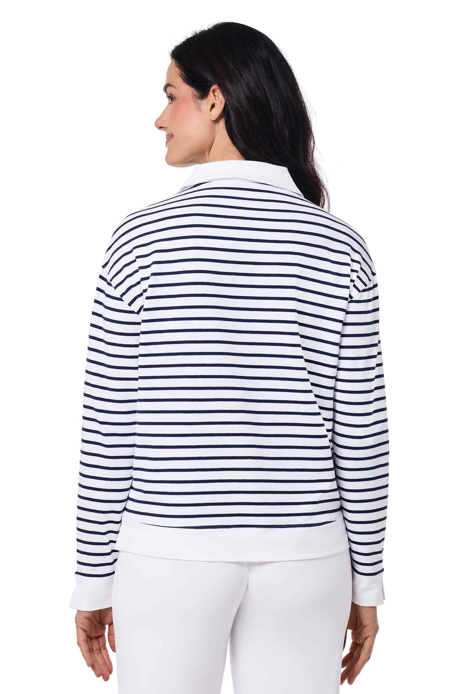 Women's Fontainebleau 2.0 Long Sleeve Collared Polo | White/Navy Stripe - Image 4
