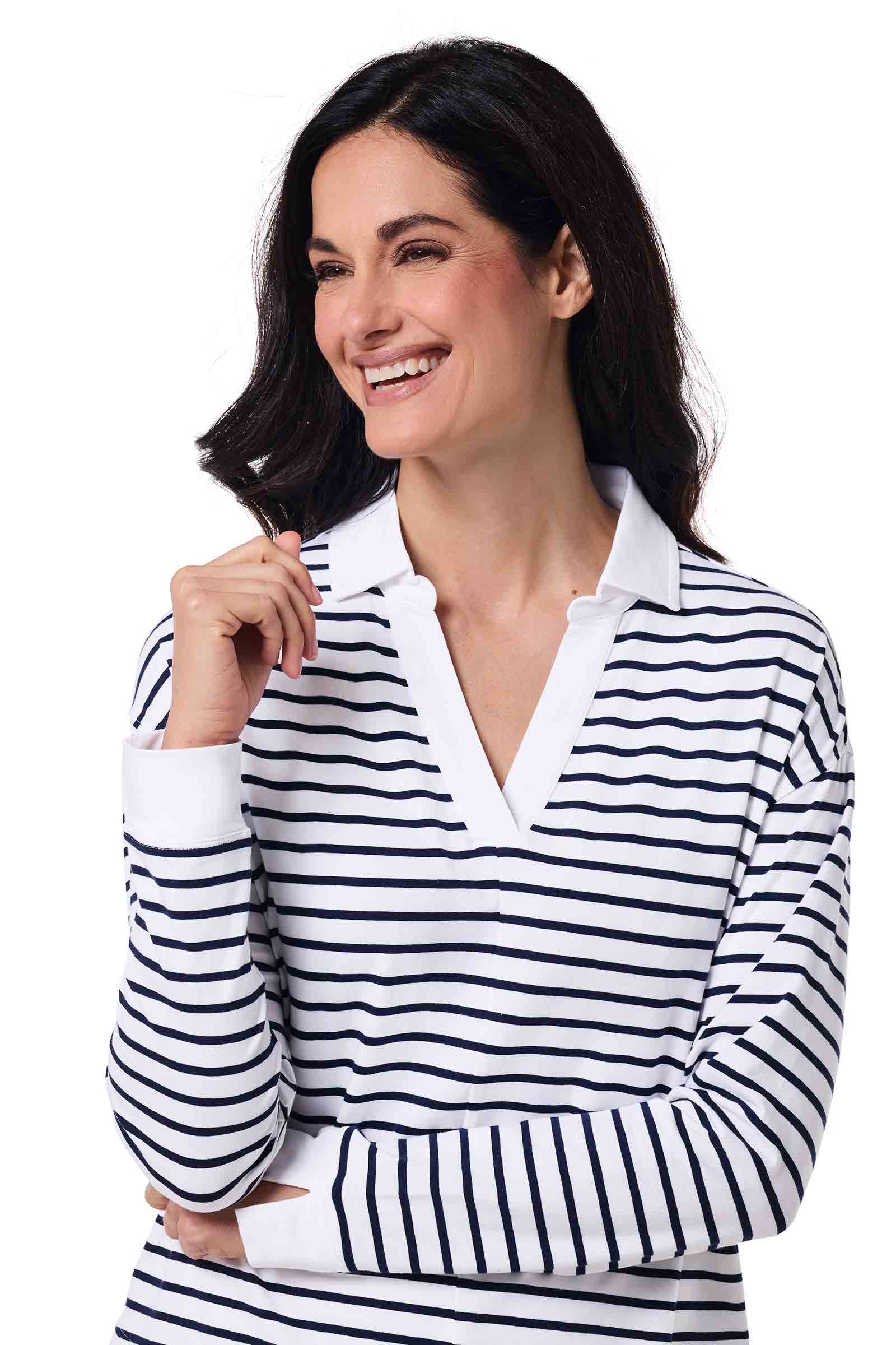 Women's Fontainebleau 2.0 Long Sleeve Collared Polo | White/Navy Stripe - Image 6