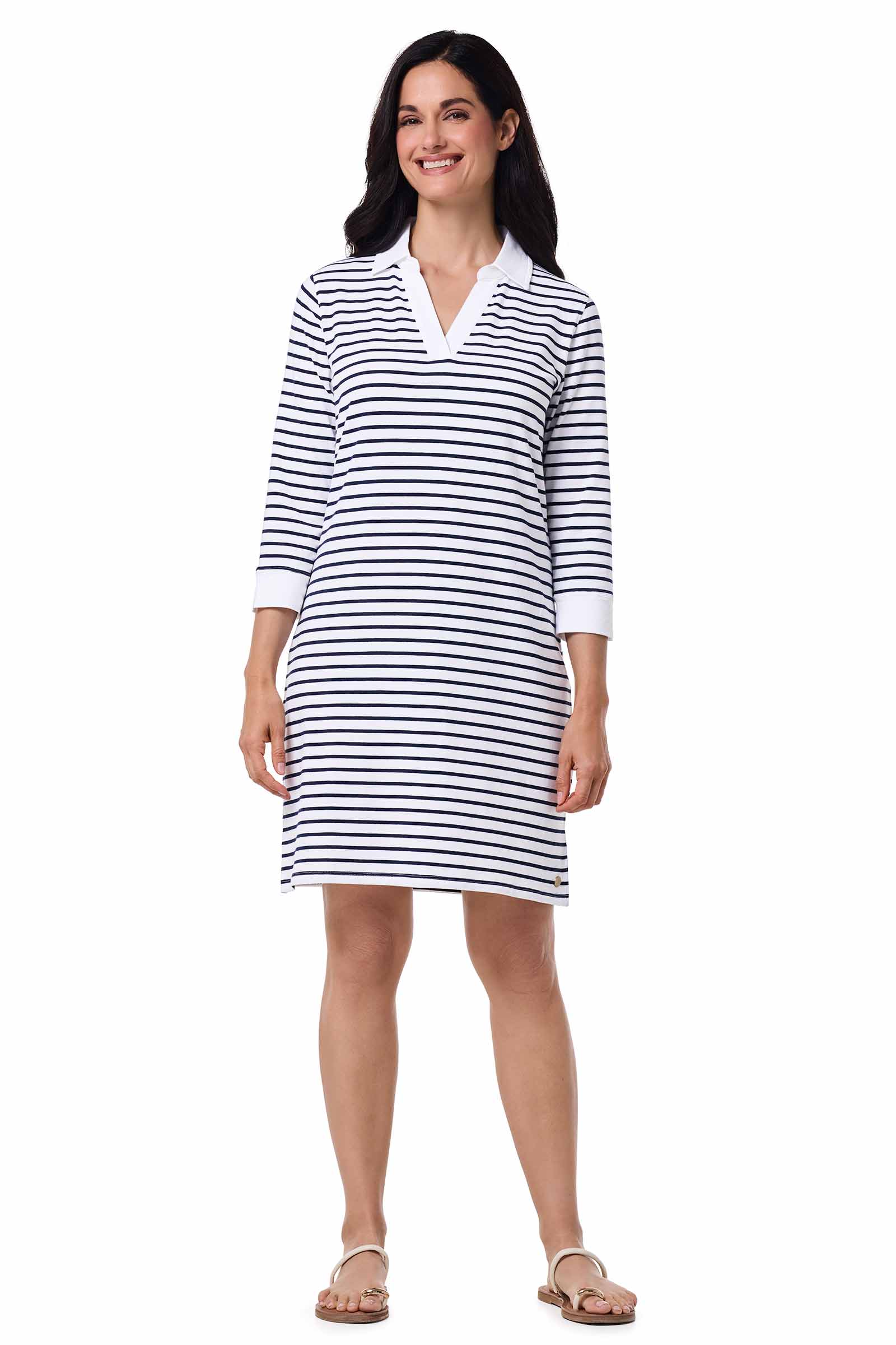 Women's Fontainebleau Tunic Dress with Collar | White/Navy Stripe - Image 2