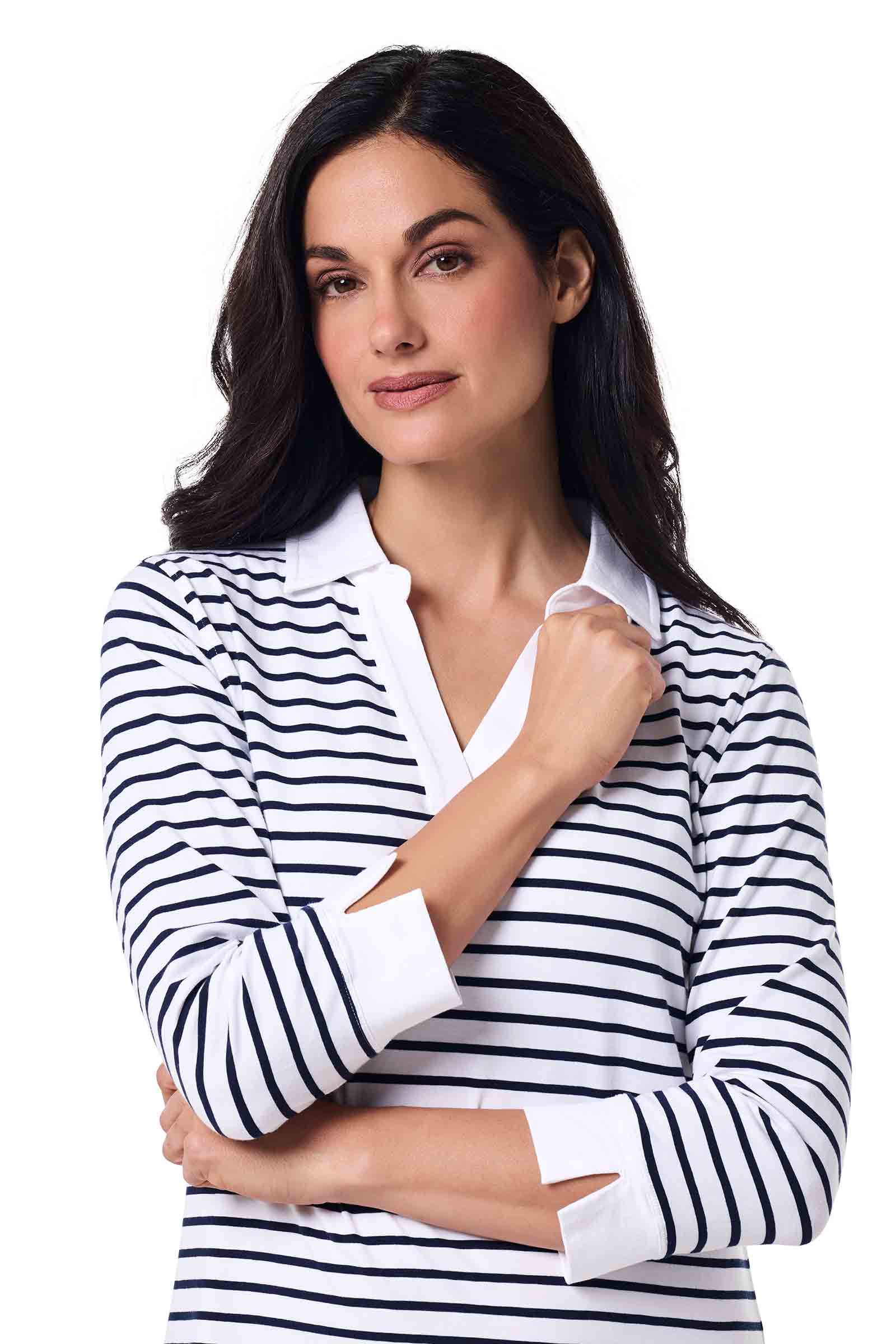 Women's Fontainebleau Tunic Dress with Collar | White/Navy Stripe - Image 5