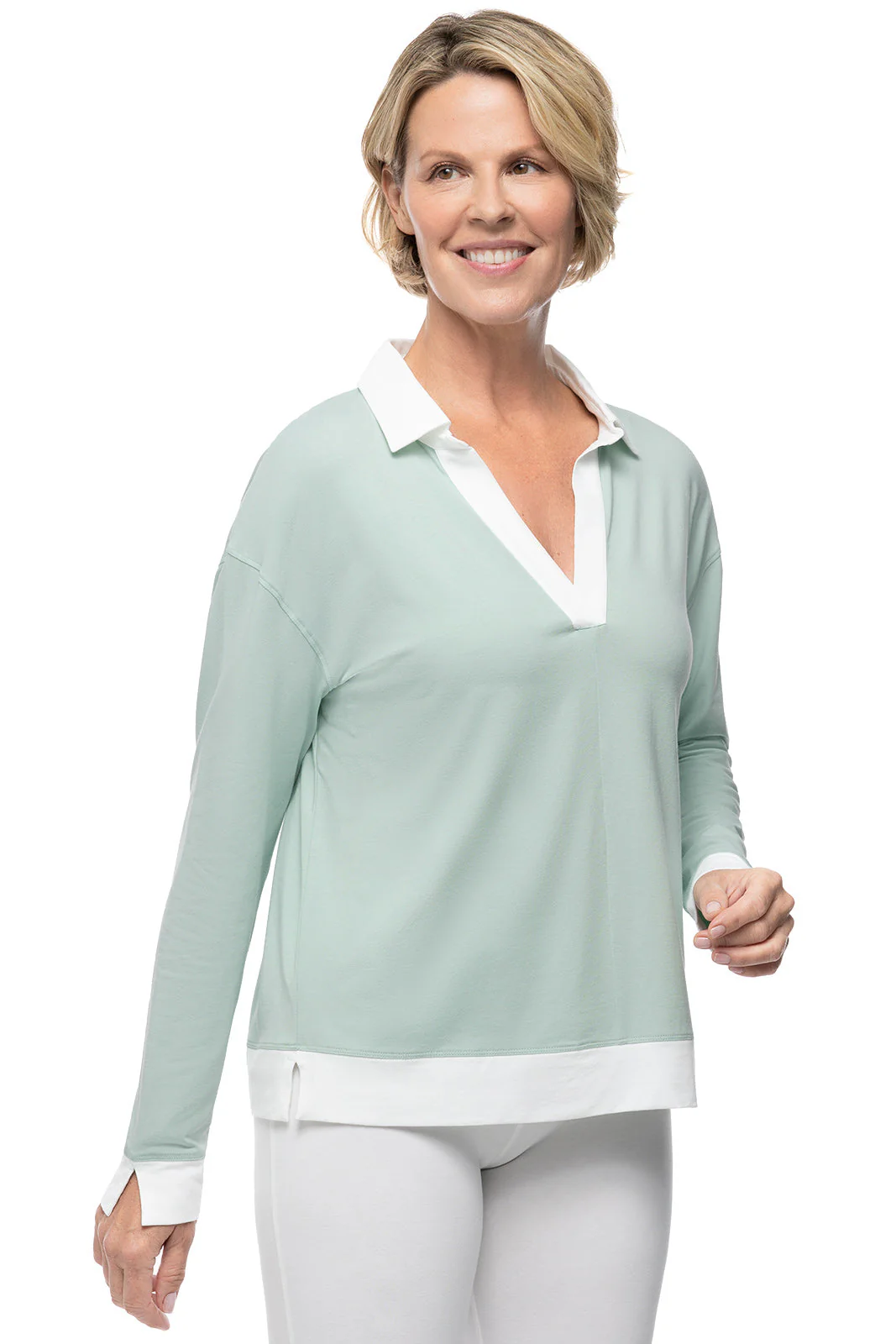 Women's Fountainbleau Long Sleeve Collared Polo | Misty Aqua - Image 3