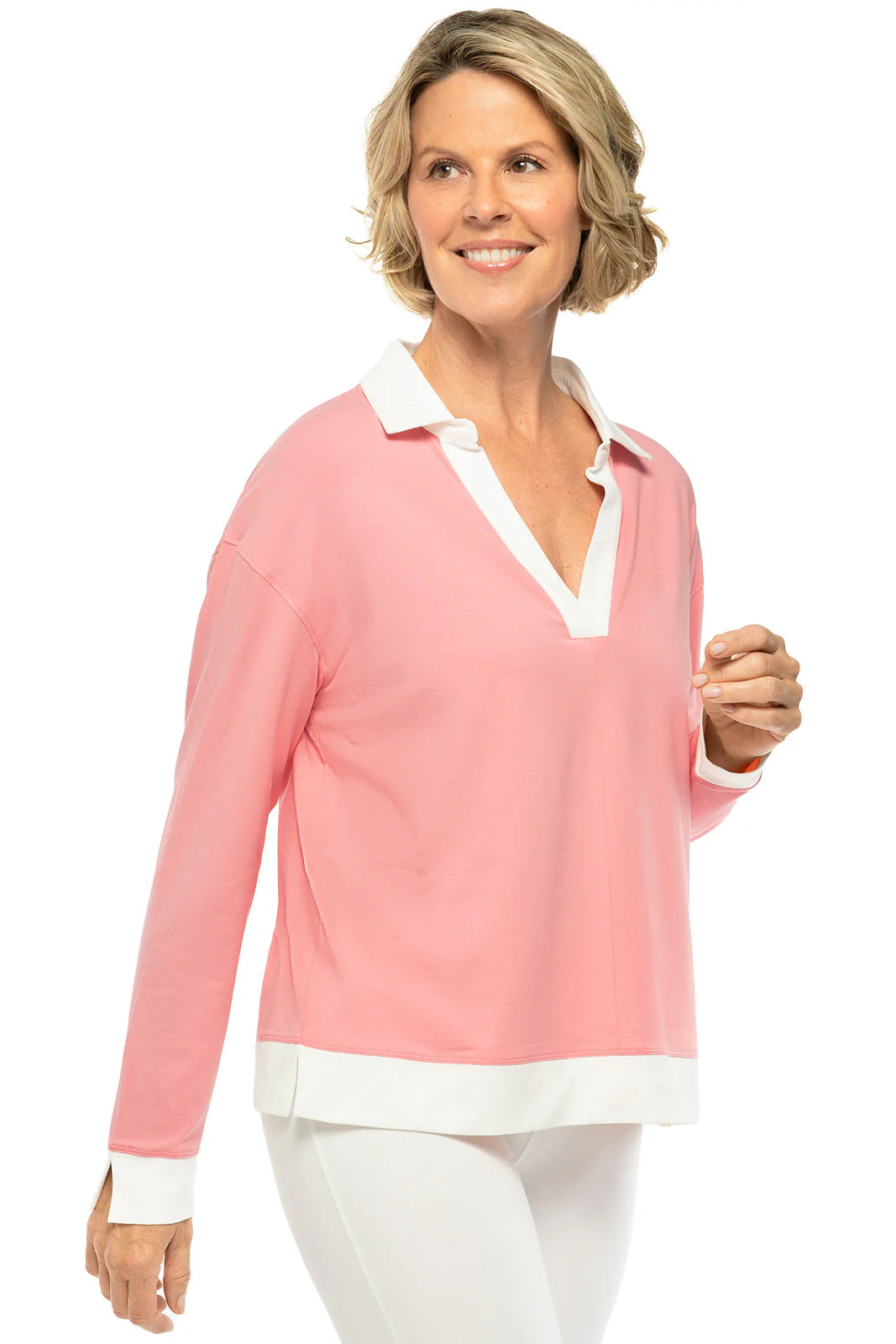 Women's Fountainbleau Long Sleeve Collared Polo | Peachy Pink - Image 3