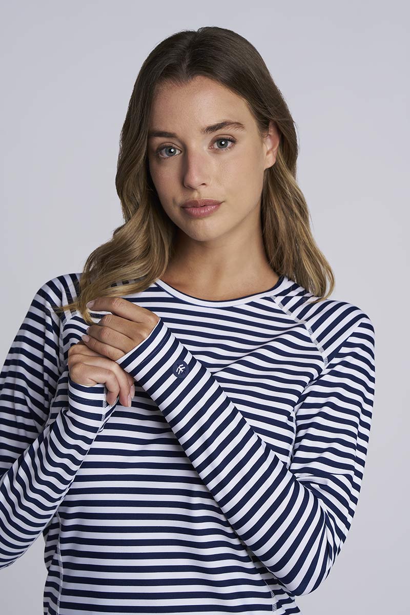 Women's Hightide Long Sleeve Swim Shirt | White/Navy Stripe - Image 6