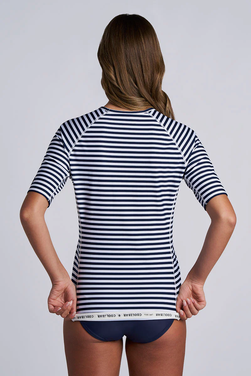 Women's Hightide Short Sleeve Swim Shirt | White/Navy Stripe - Image 4