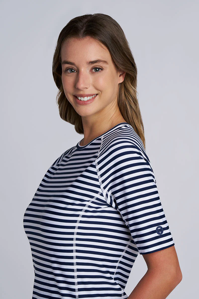 Women's Hightide Short Sleeve Swim Shirt | White/Navy Stripe - Image 5