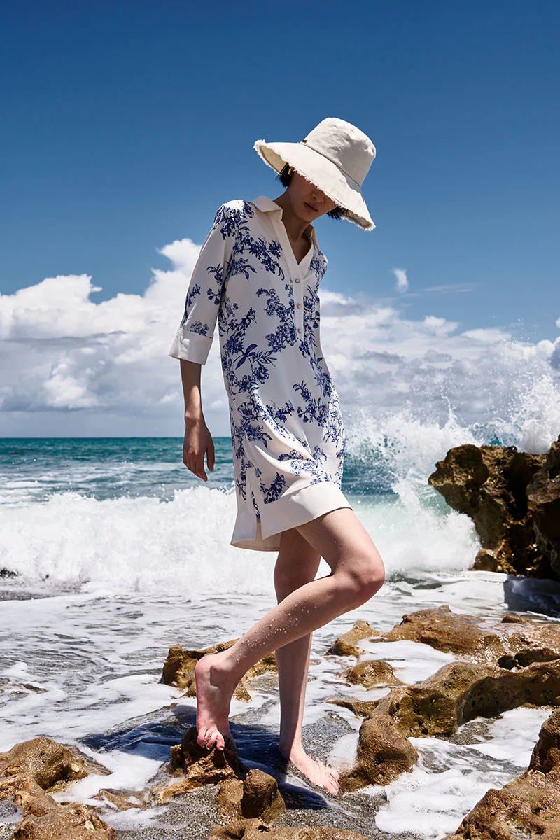 Icaria Tunic Dress | Vanilla China Blue Damask - Image 2