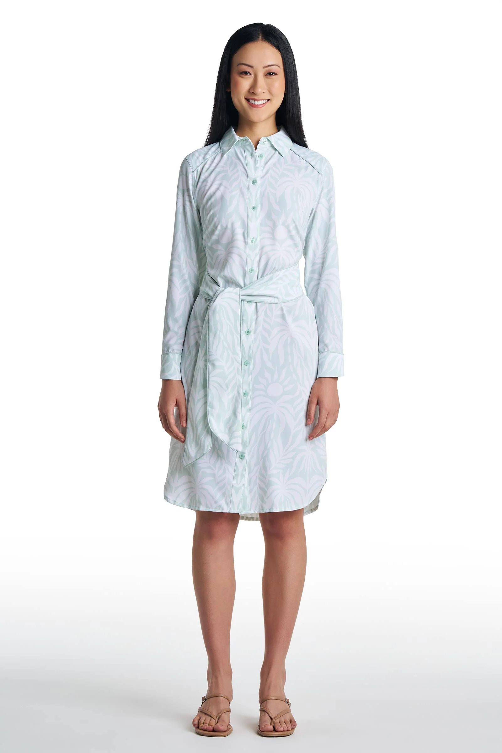 Women's Kitts Shirt Dress with Belt | Misty Aqua American Palm - Image 3