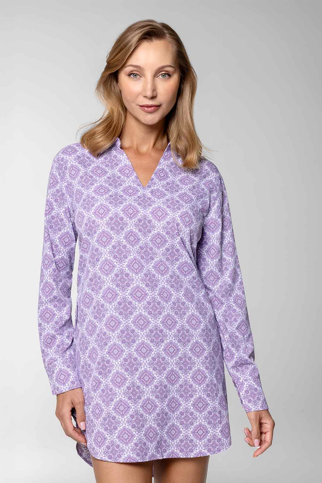 Women's Koesta Cover-Up Pull Over Shirt with Pockets | Lavendula Diamond Mandala - Image 2