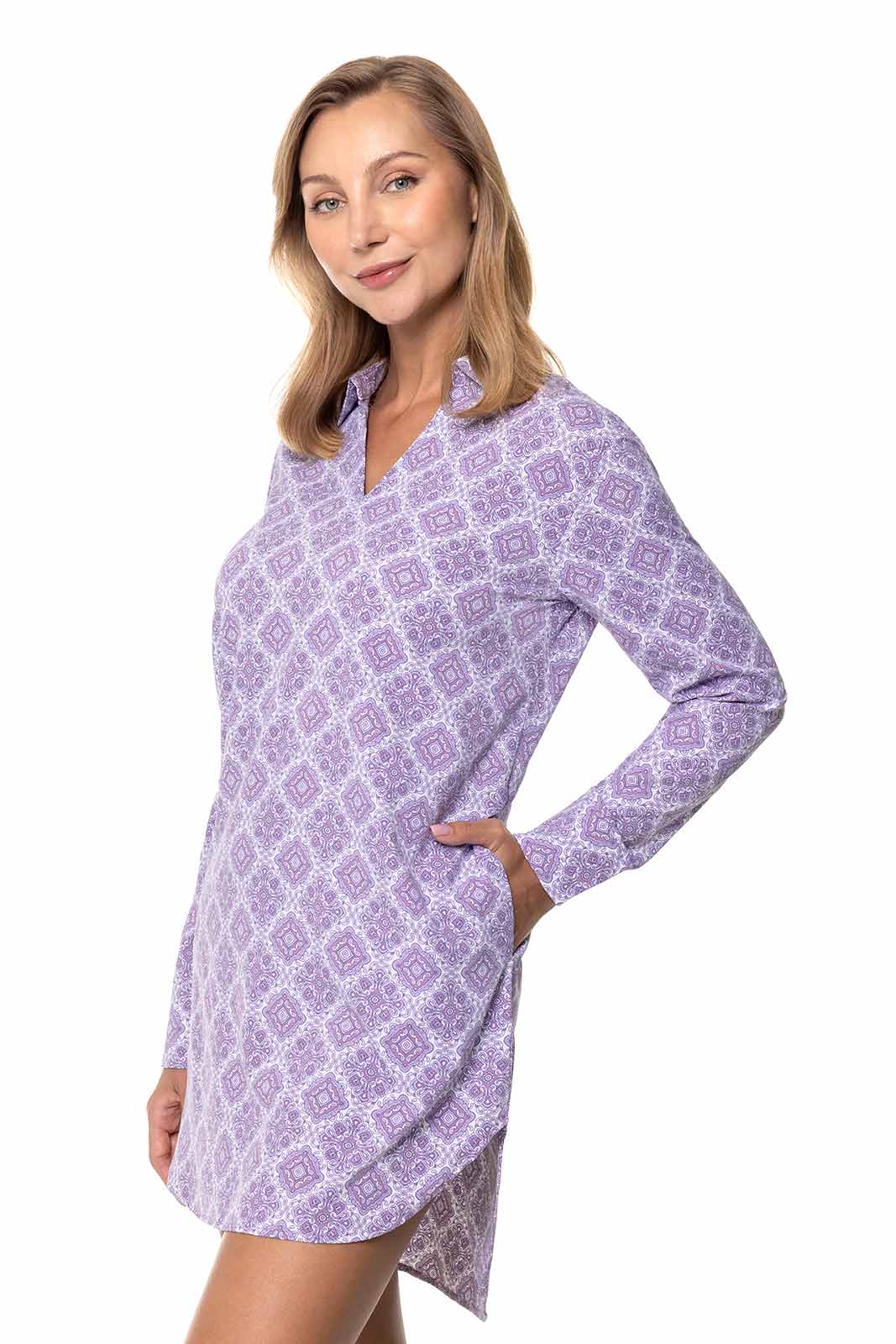 Women's Koesta Cover-Up Pull Over Shirt with Pockets | Lavendula Diamond Mandala - Image 3