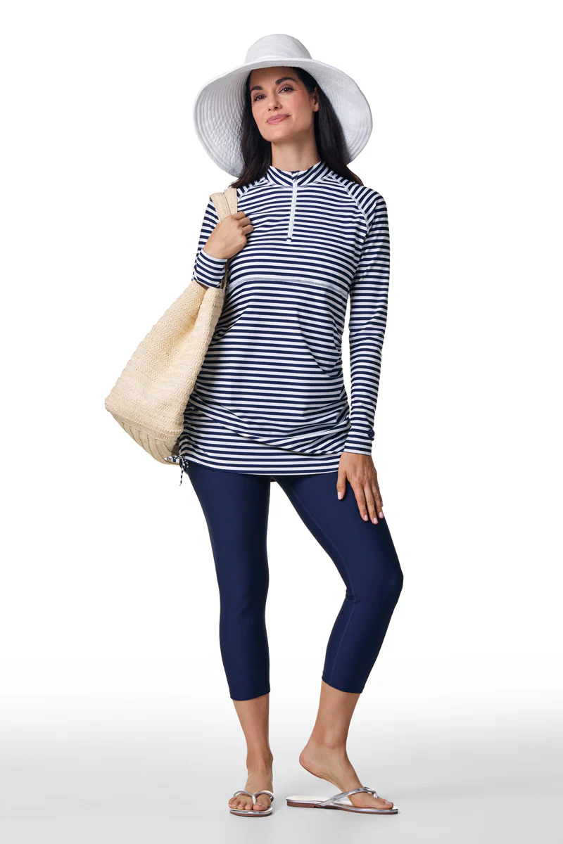 Women's Lawai Ruche Swim Shirt | White/Navy Stripe - Image 10
