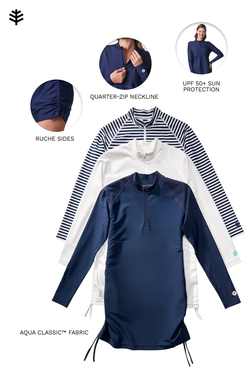 Women's Lawai Ruche Swim Shirt | White/Navy Stripe - Image 11