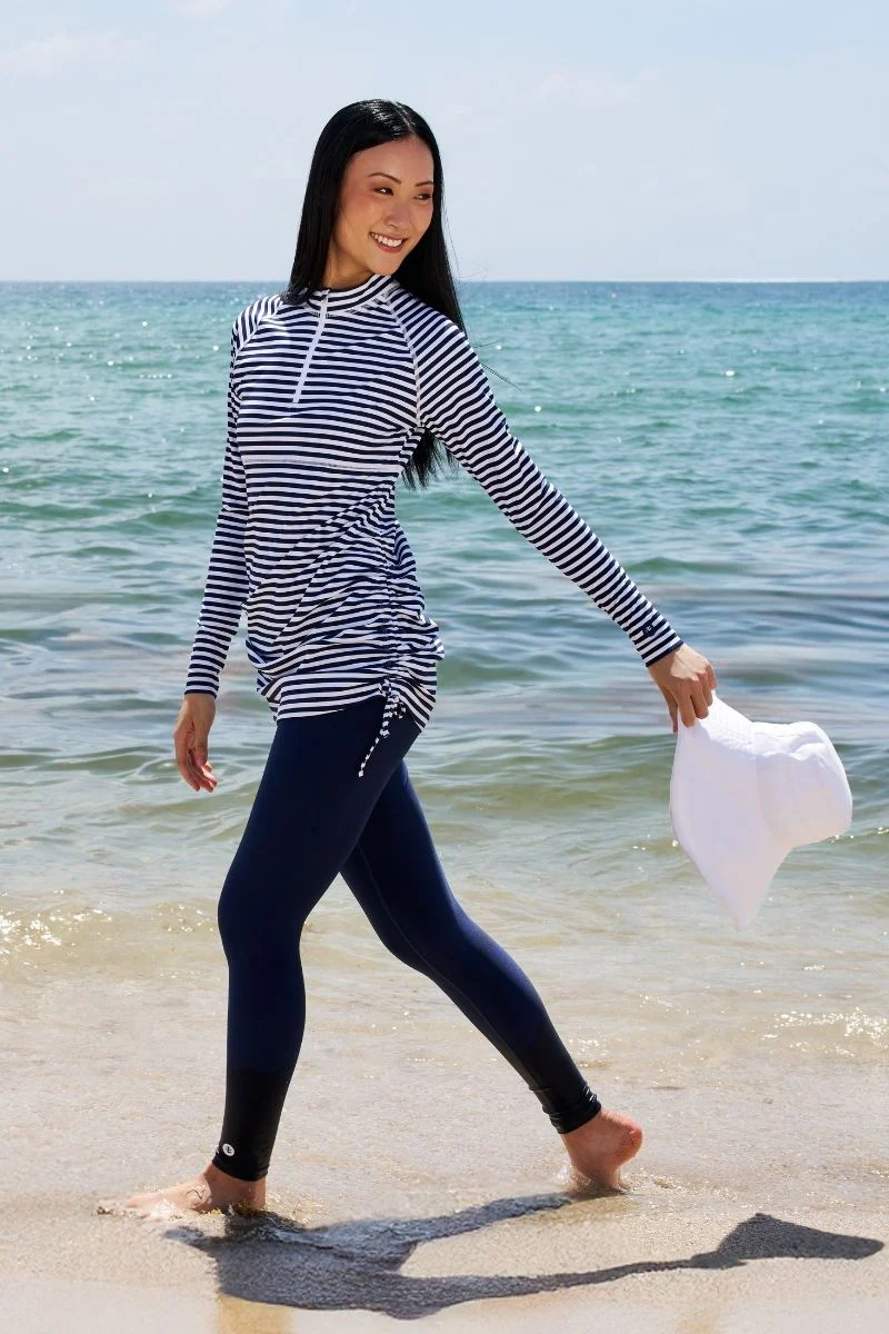 Women's Lawai Ruche Swim Shirt | White/Navy Stripe - Image 2