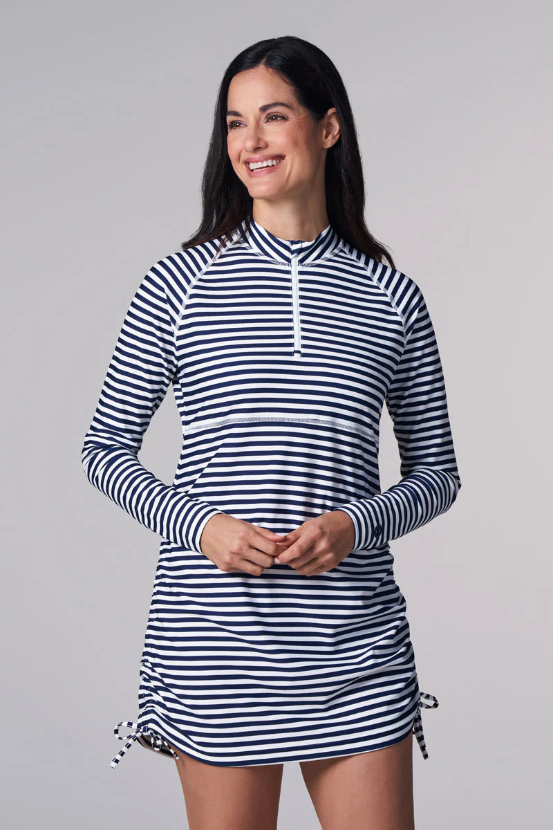 Women's Lawai Ruche Swim Shirt | White/Navy Stripe - Image 3