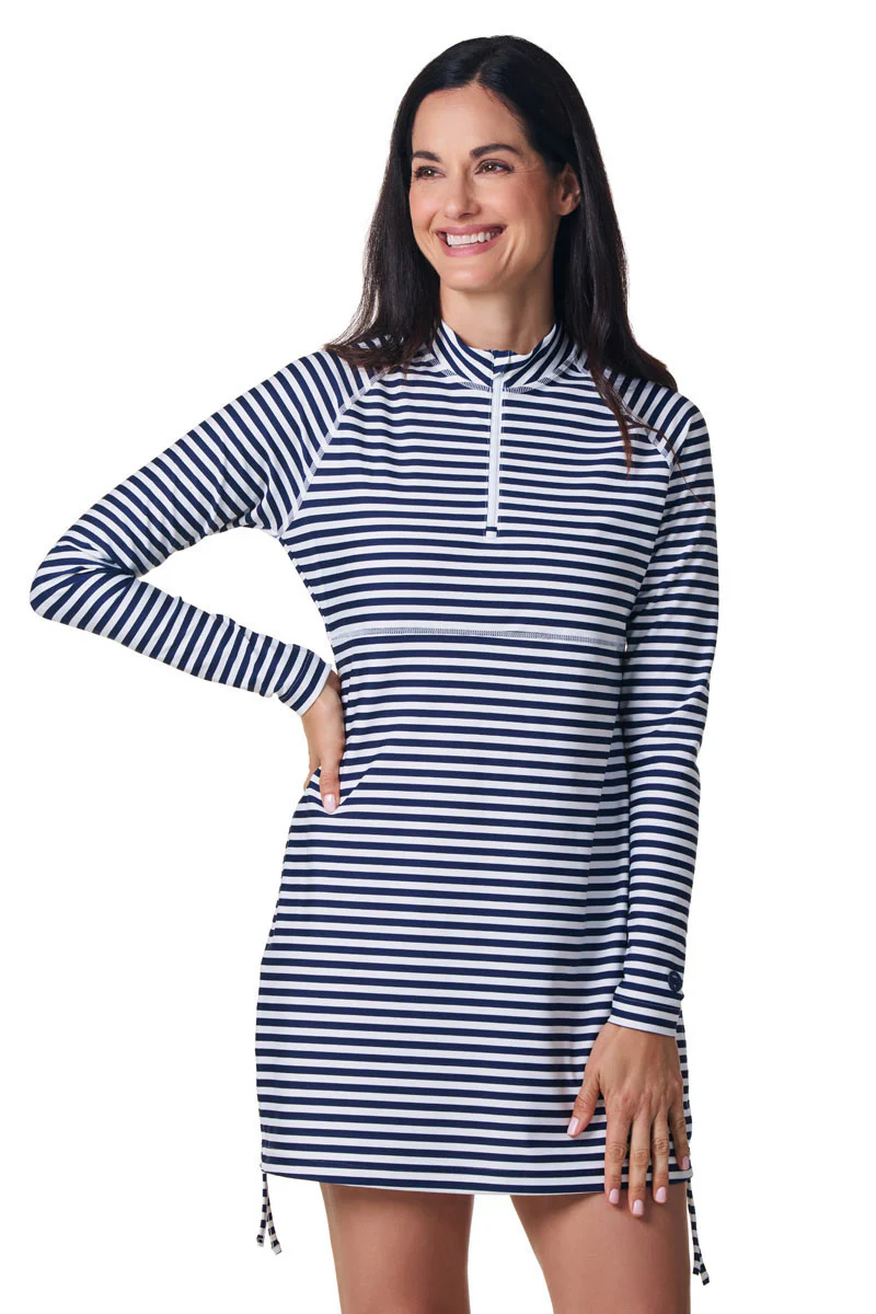 Women's Lawai Ruche Swim Shirt | White/Navy Stripe - Image 4