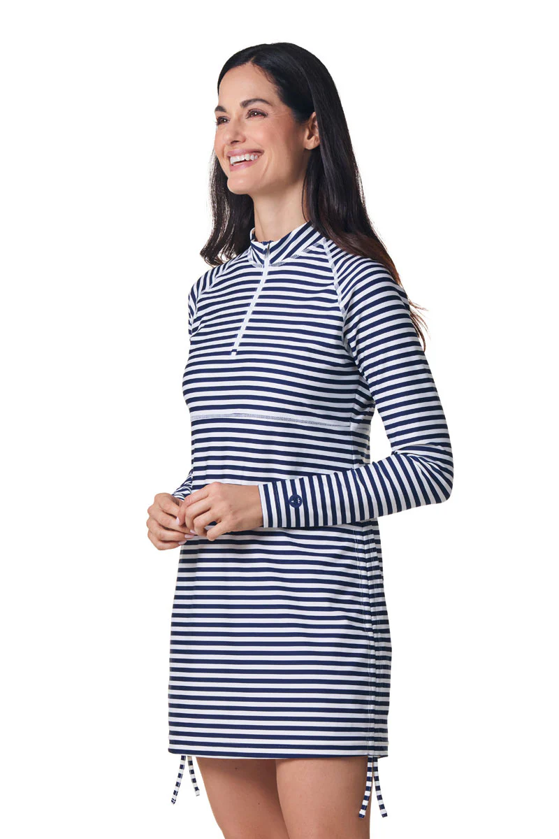 Women's Lawai Ruche Swim Shirt | White/Navy Stripe - Image 5