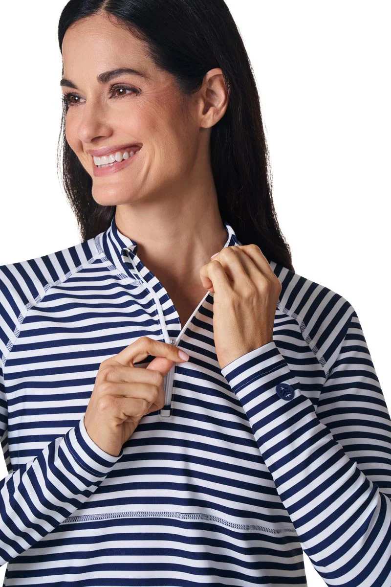Women's Lawai Ruche Swim Shirt | White/Navy Stripe - Image 7