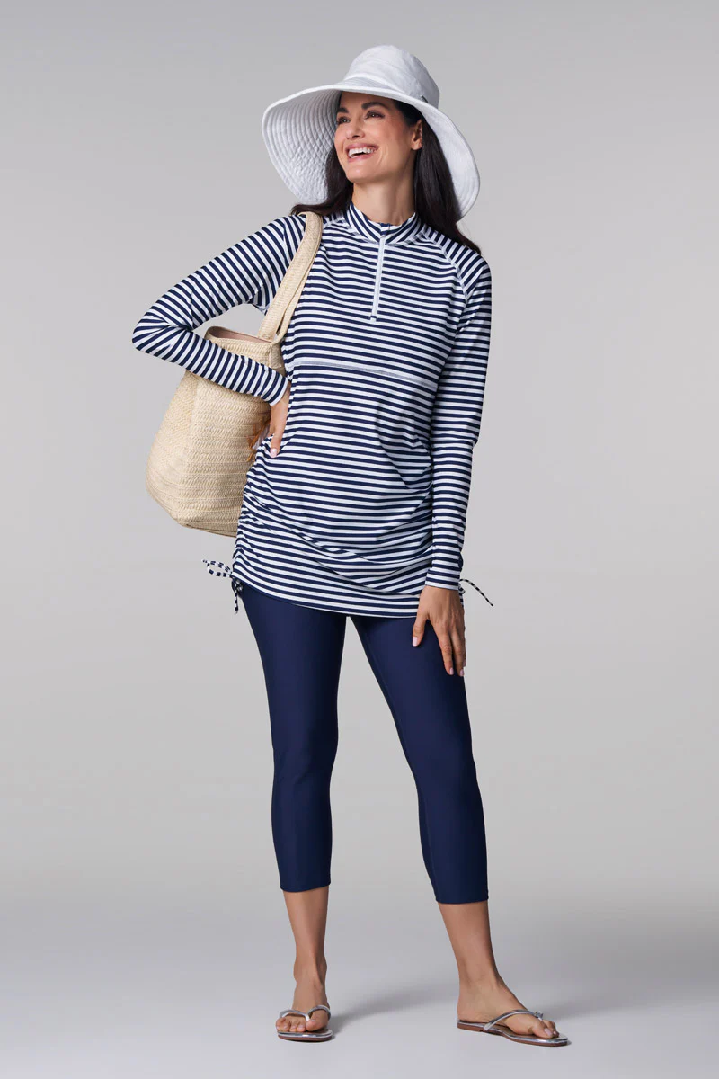 Women's Lawai Ruche Swim Shirt | White/Navy Stripe - Image 9