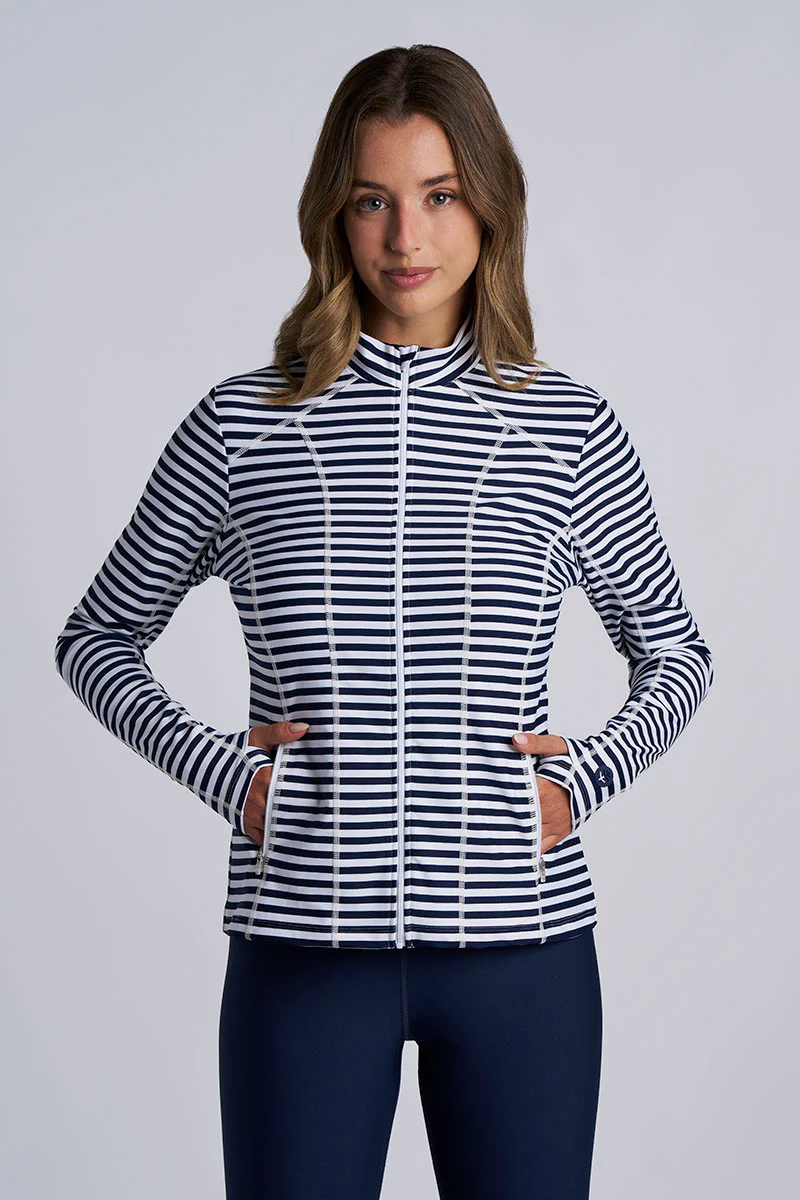 Women's Malawi Fitted Swim Jacket with Full Zip | White/Navy Stripe - Image 2