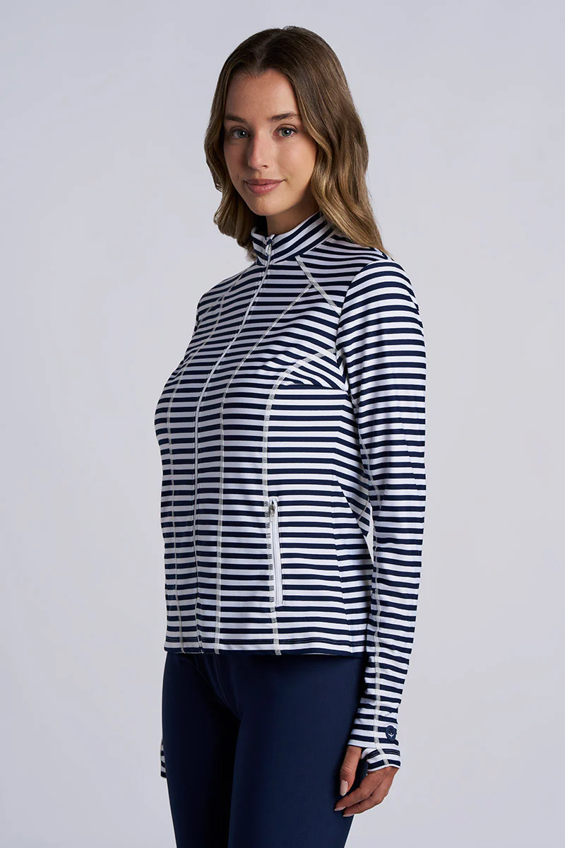 Women's Malawi Fitted Swim Jacket with Full Zip | White/Navy Stripe - Image 3