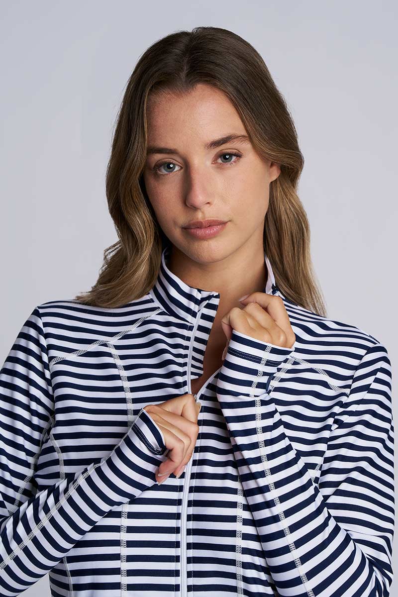 Women's Malawi Fitted Swim Jacket with Full Zip | White/Navy Stripe - Image 6