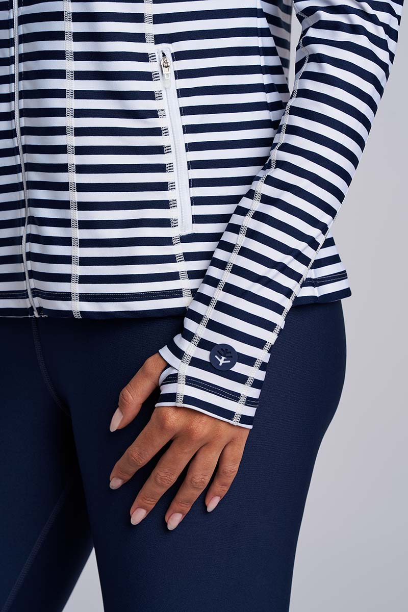 Women's Malawi Fitted Swim Jacket with Full Zip | White/Navy Stripe - Image 7