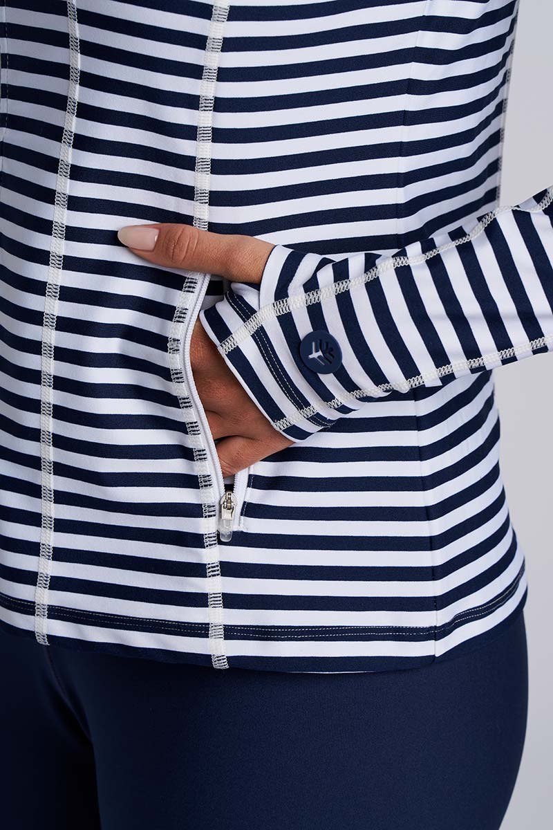 Women's Malawi Fitted Swim Jacket with Full Zip | White/Navy Stripe - Image 8