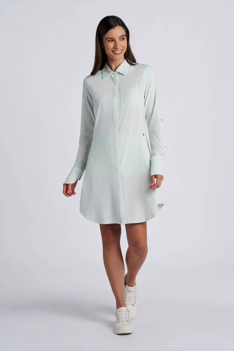 Women's Malta Travel Shirt Dress | White/Misty Aqua Stripe