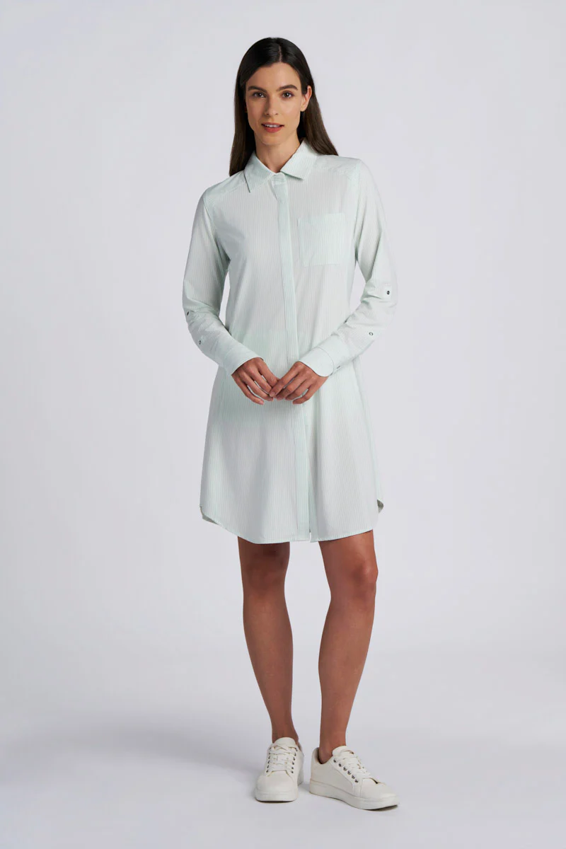 Women's Malta Travel Shirt Dress | White/Misty Aqua Stripe - Image 4