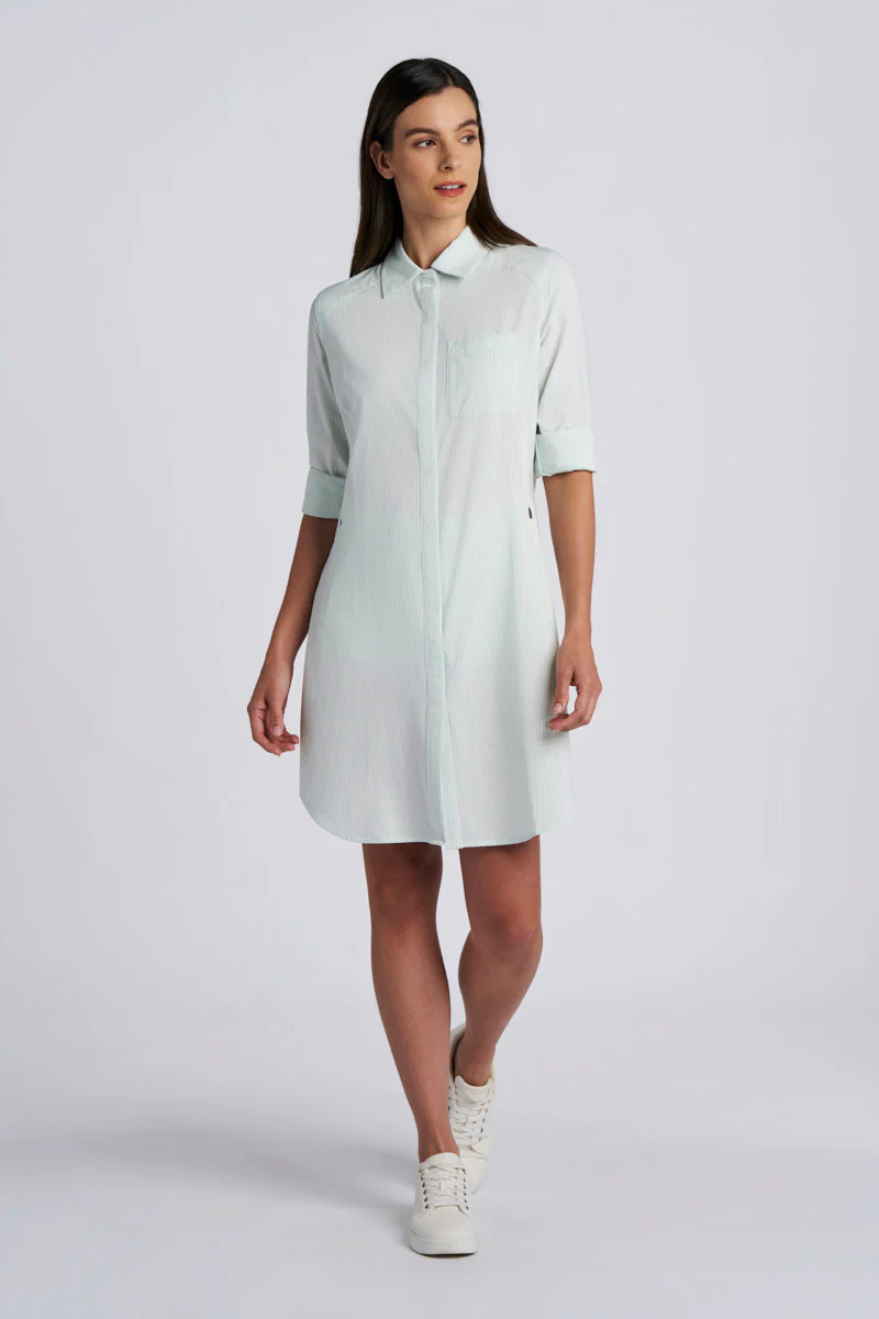 Women's Malta Travel Shirt Dress | White/Misty Aqua Stripe - Image 5