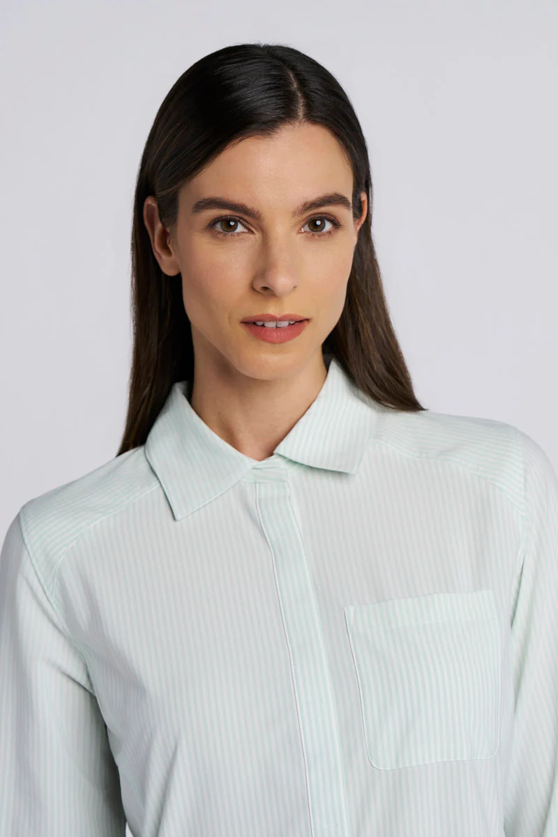Women's Malta Travel Shirt Dress | White/Misty Aqua Stripe - Image 7