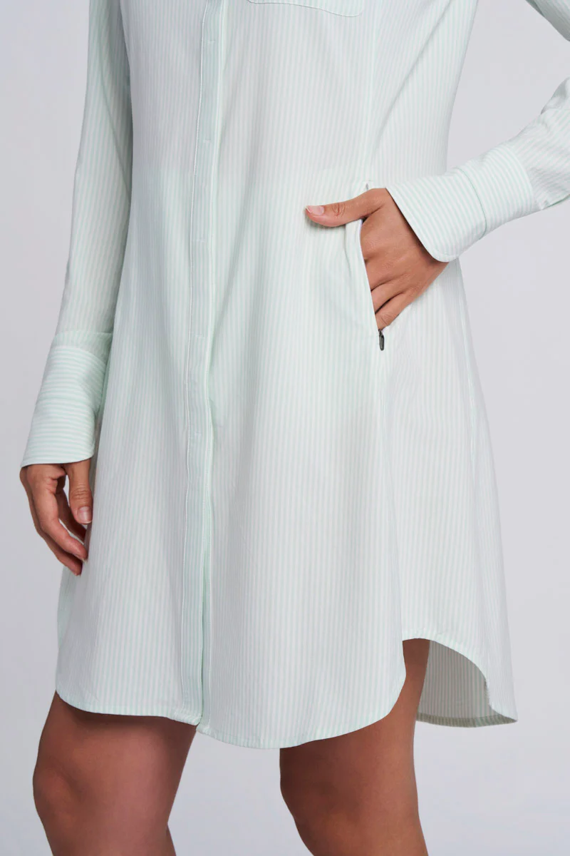 Women's Malta Travel Shirt Dress | White/Misty Aqua Stripe - Image 8