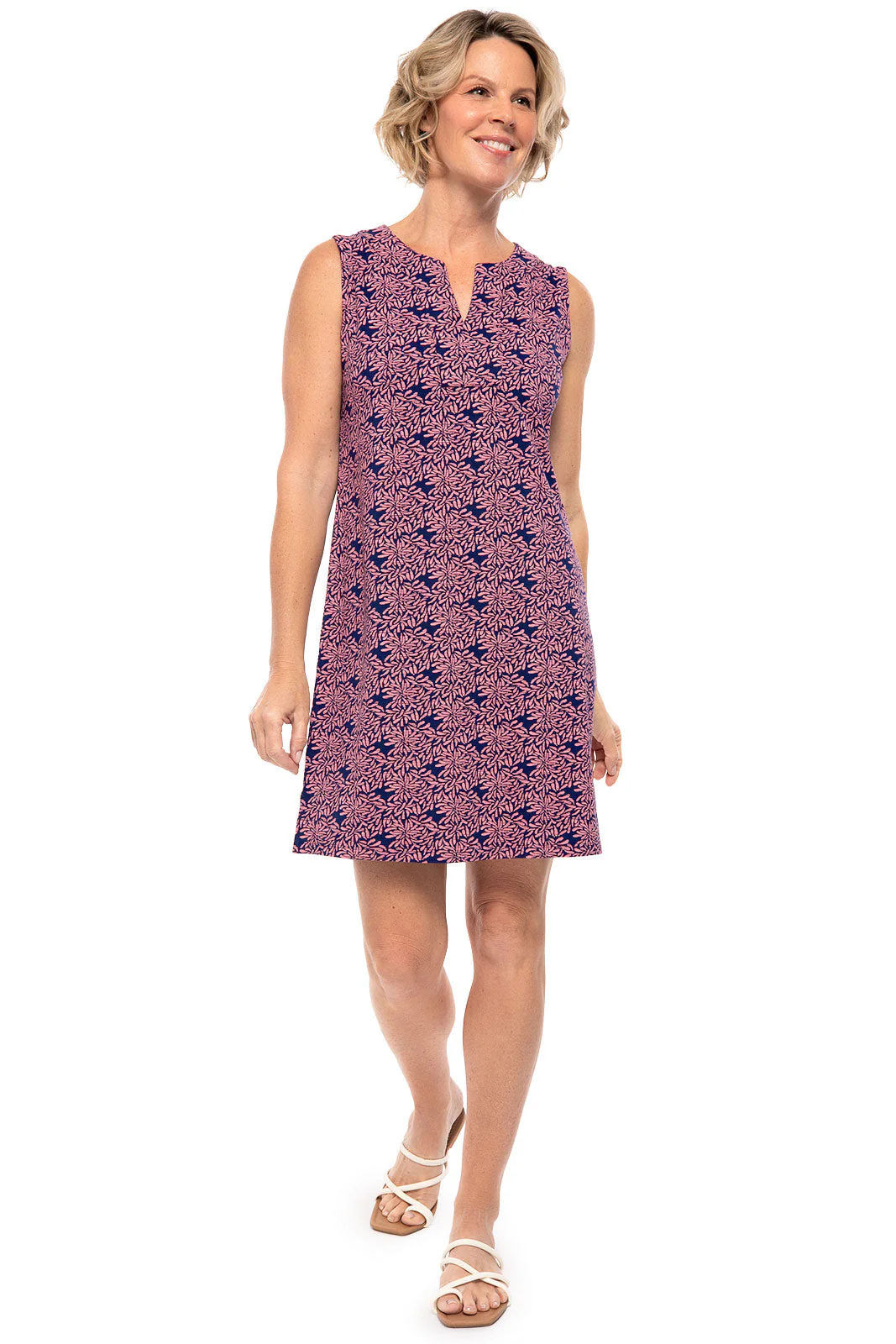 Women's Oceanside Tank Dress | Peachy Pink Etched Flowers - Image 2