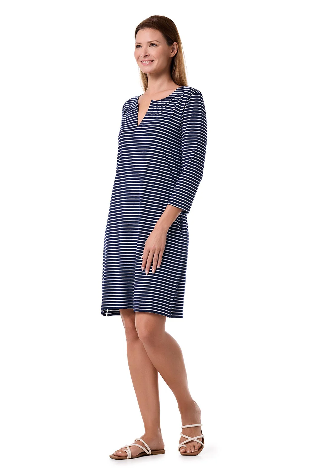 Women's Oceanside Tunic Dress with 3/4 Sleeve | Navy/White Stripe - Image 3