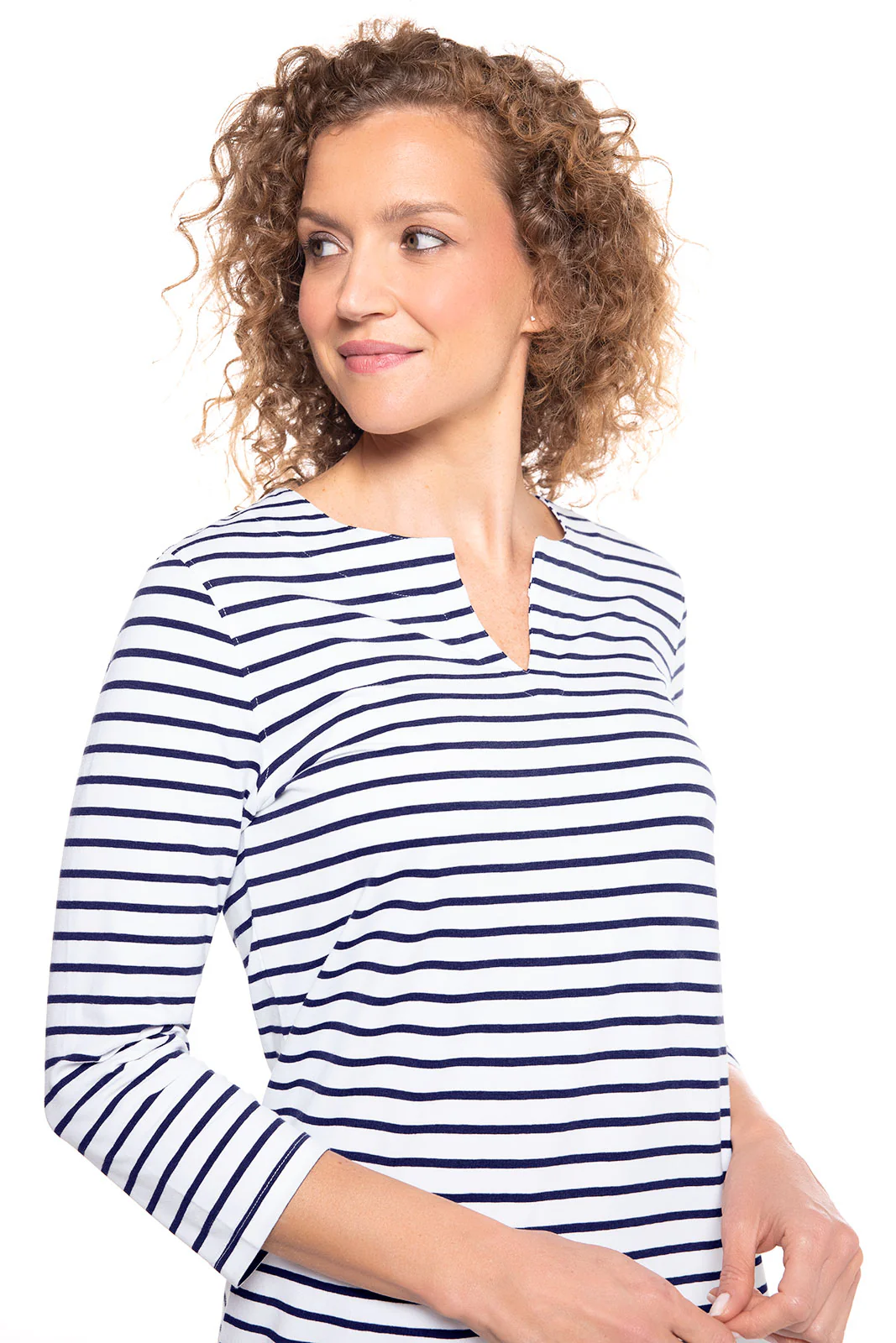 Women's Oceanside Tunic Dress with 3/4 Sleeve | White/Navy Stripe - Image 4