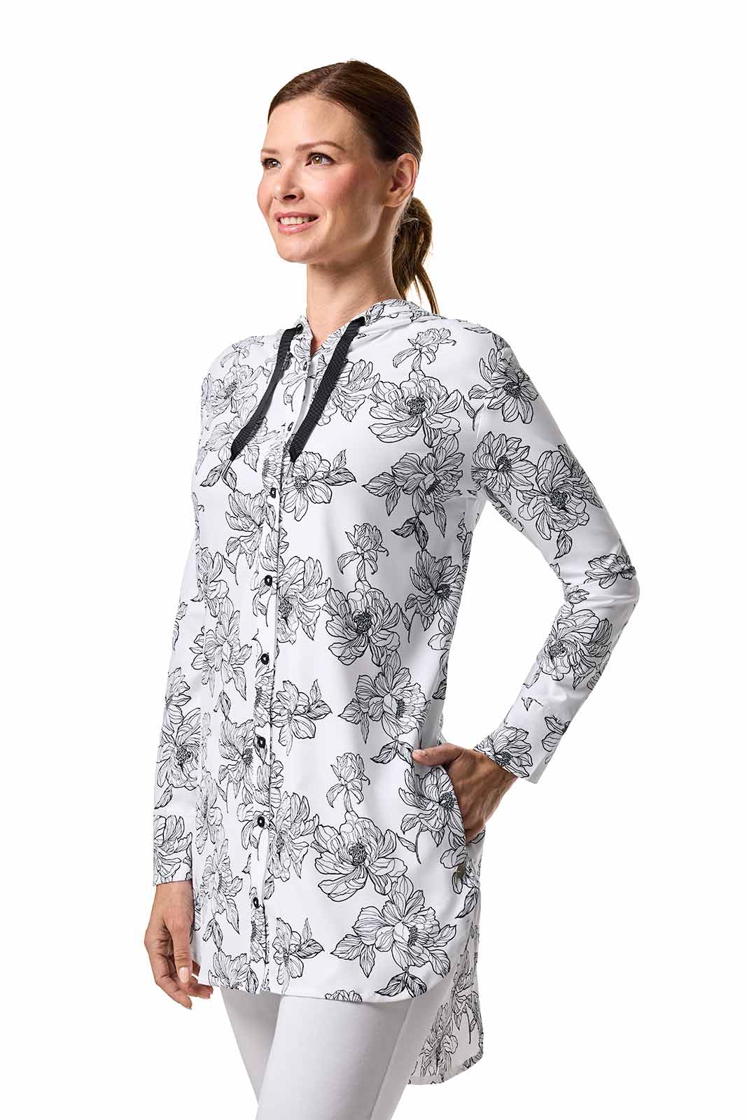 Women's Palma Aire Beach Long Sleeve Shirt | White/Black Perfect Peony - Image 3