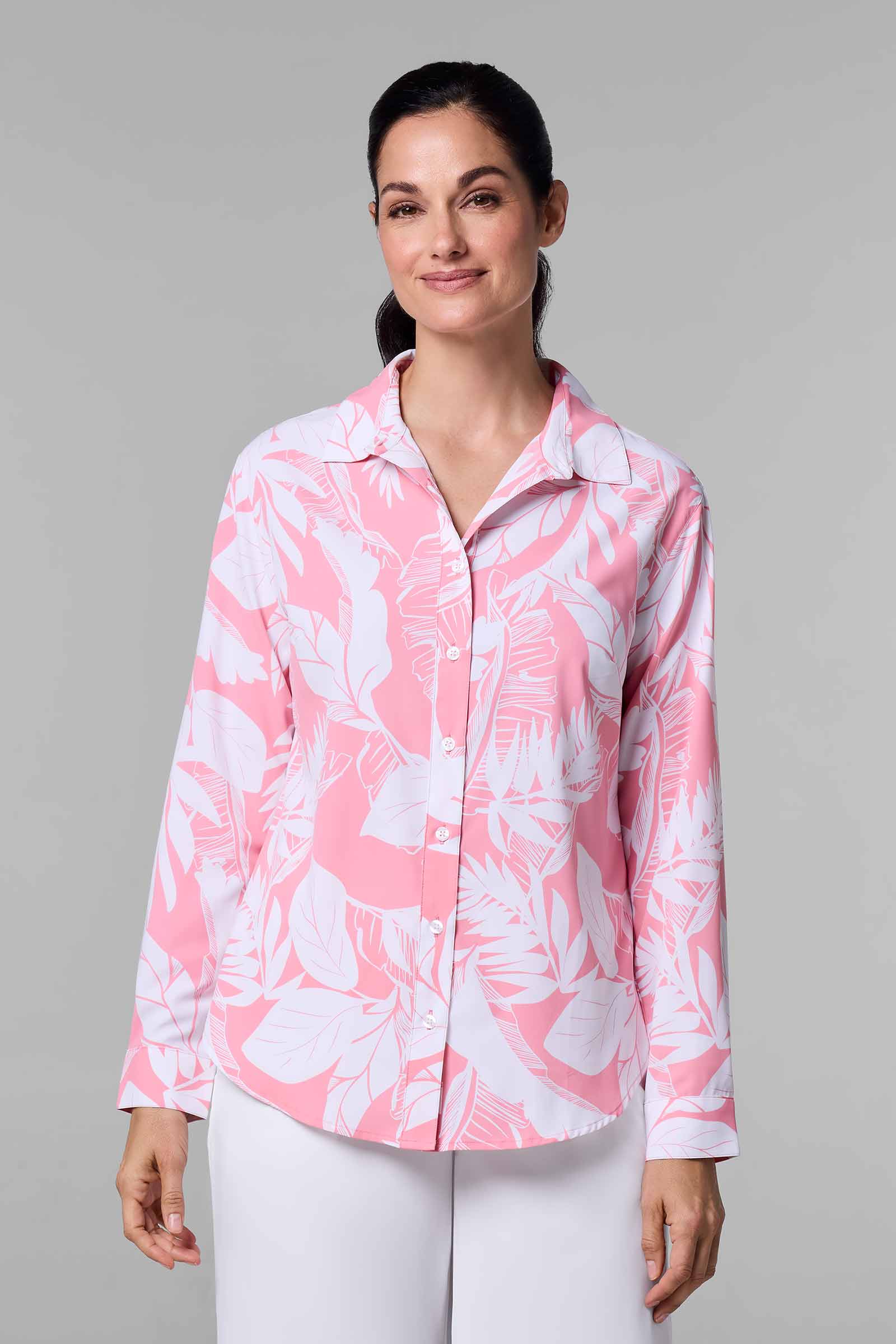 Women's Rhodes Long Sleeve Shirt | Flamingo Pink Palm Paradise - Image 2