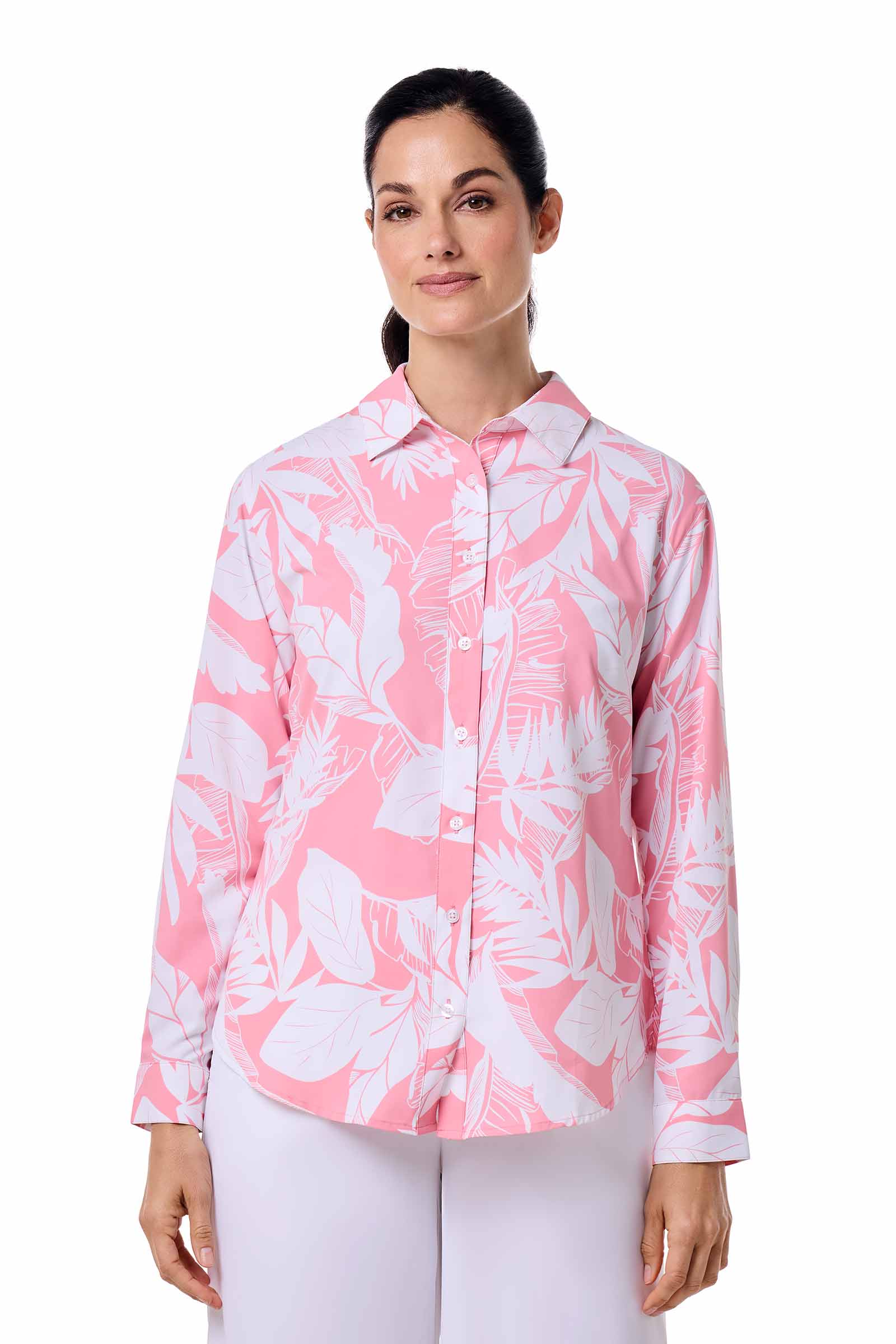 Women's Rhodes Long Sleeve Shirt | Flamingo Pink Palm Paradise - Image 3