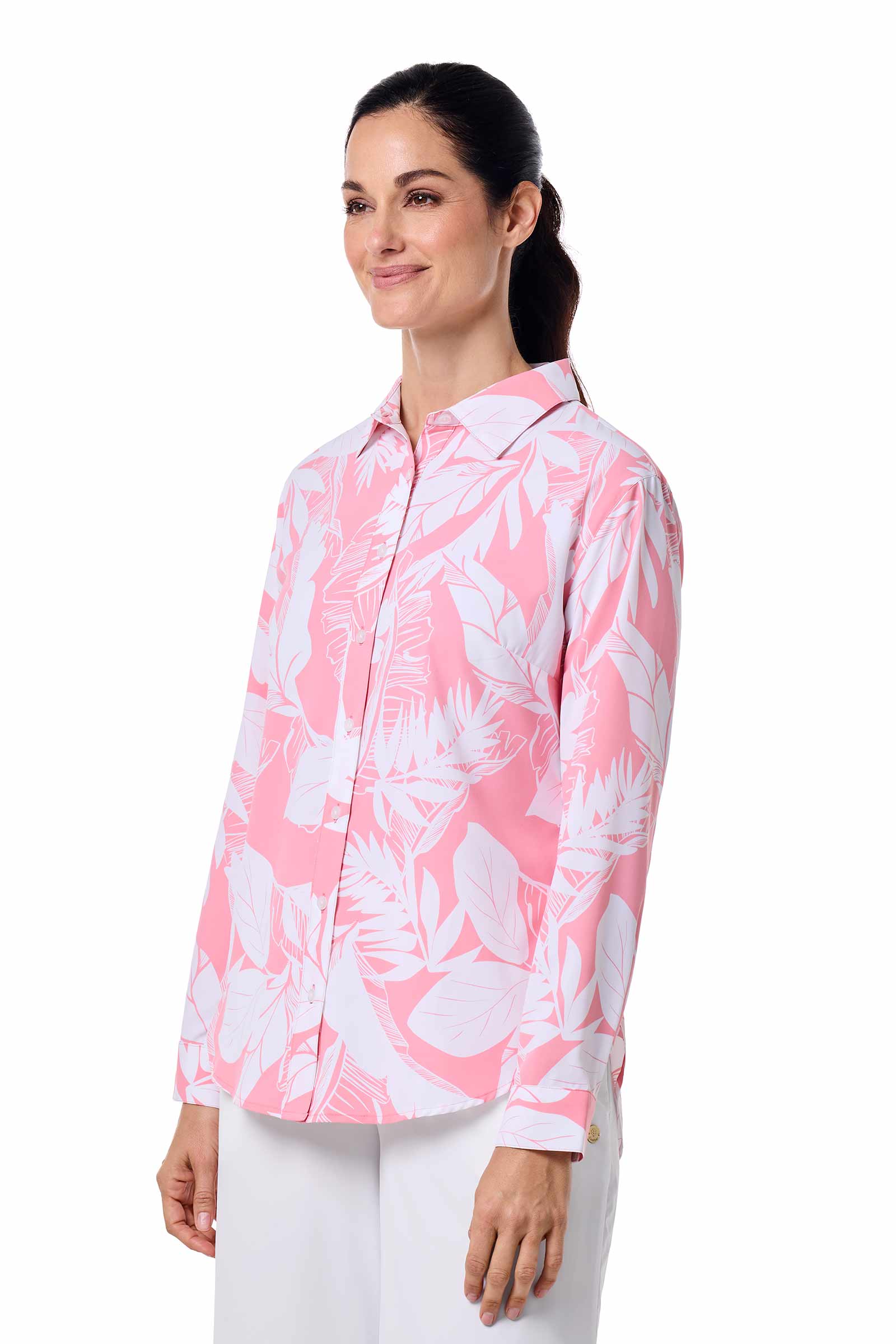 Women's Rhodes Long Sleeve Shirt | Flamingo Pink Palm Paradise - Image 4