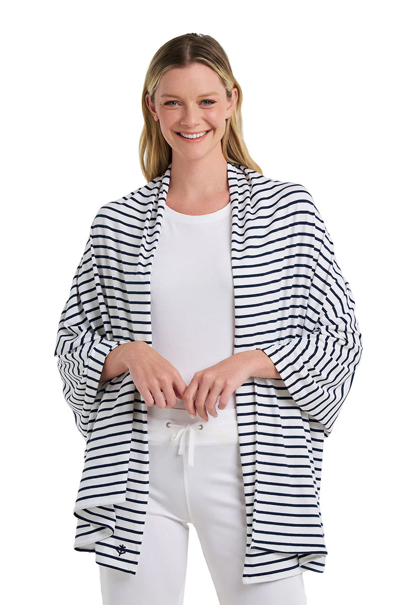 Women's Sanibel Everyday Beach Shawl | White/Navy Stripe - Image 2