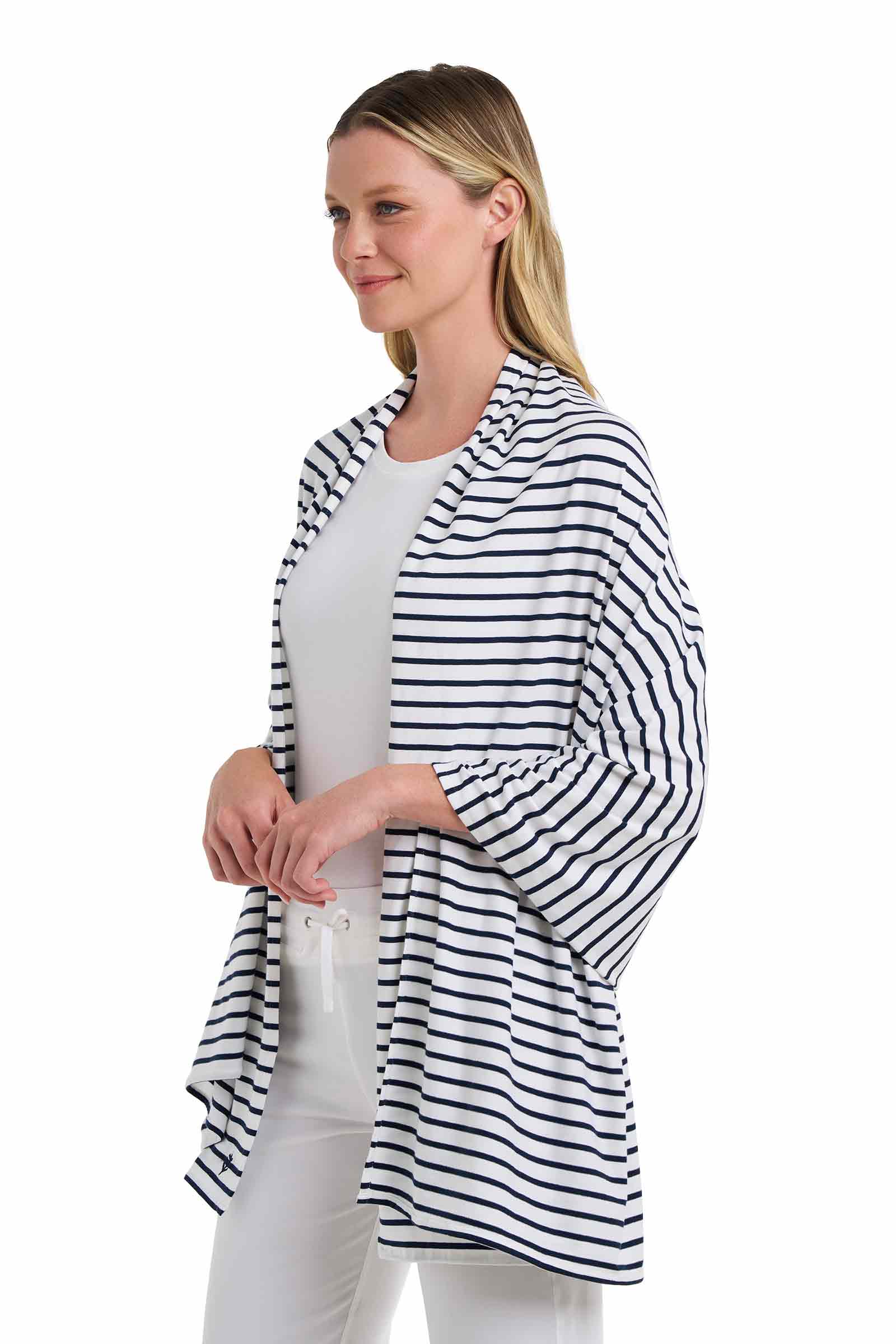 Women's Sanibel Everyday Beach Shawl | White/Navy Stripe - Image 3